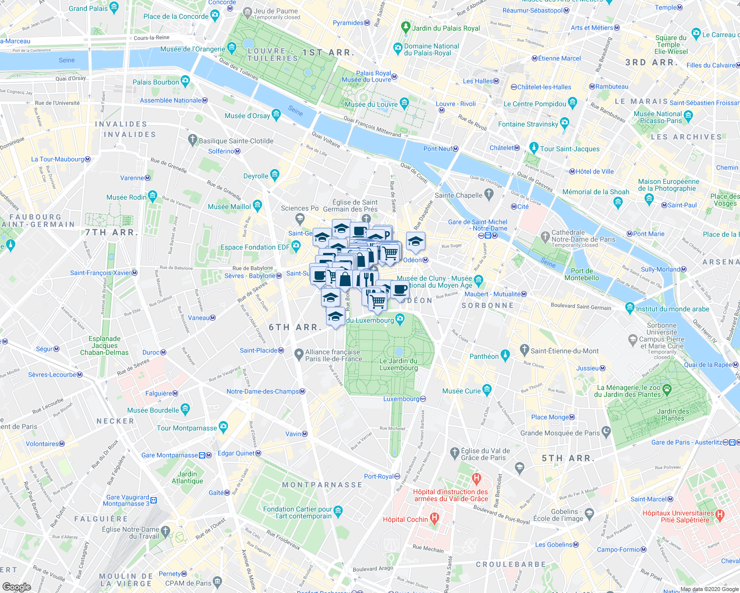 map of restaurants, bars, coffee shops, grocery stores, and more near 10 Rue Servandoni in Paris