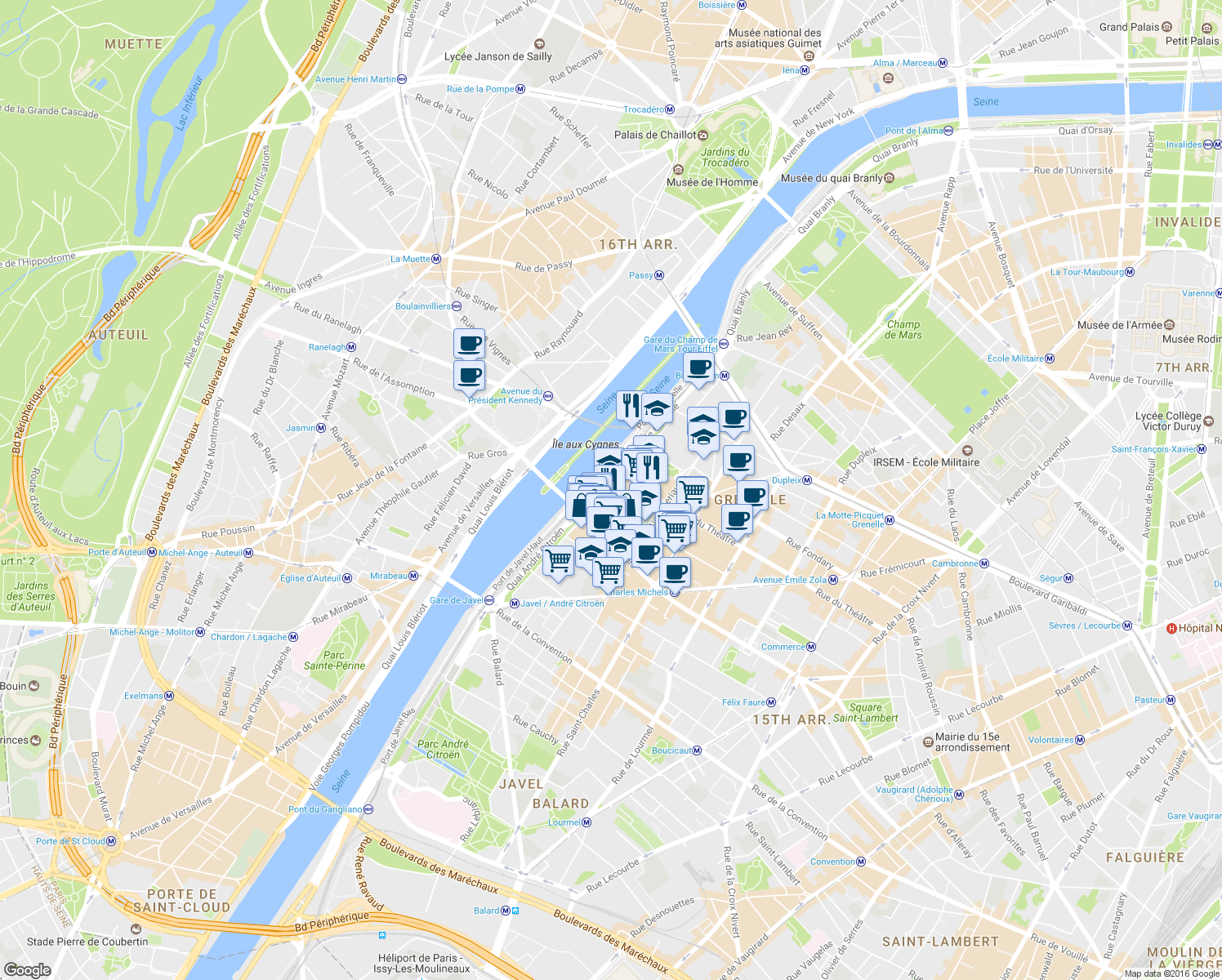 map of restaurants, bars, coffee shops, grocery stores, and more near 61 Quai de Grenelle in Paris