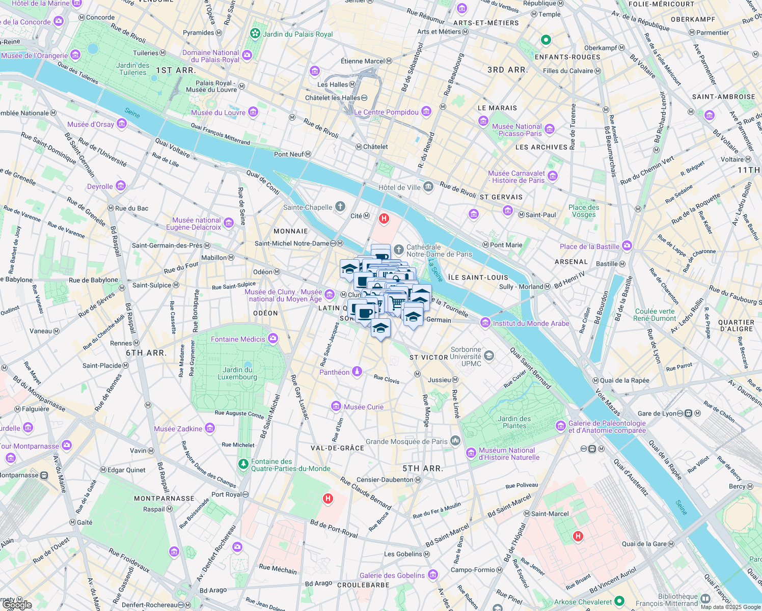 map of restaurants, bars, coffee shops, grocery stores, and more near 18 Place Maubert in Paris