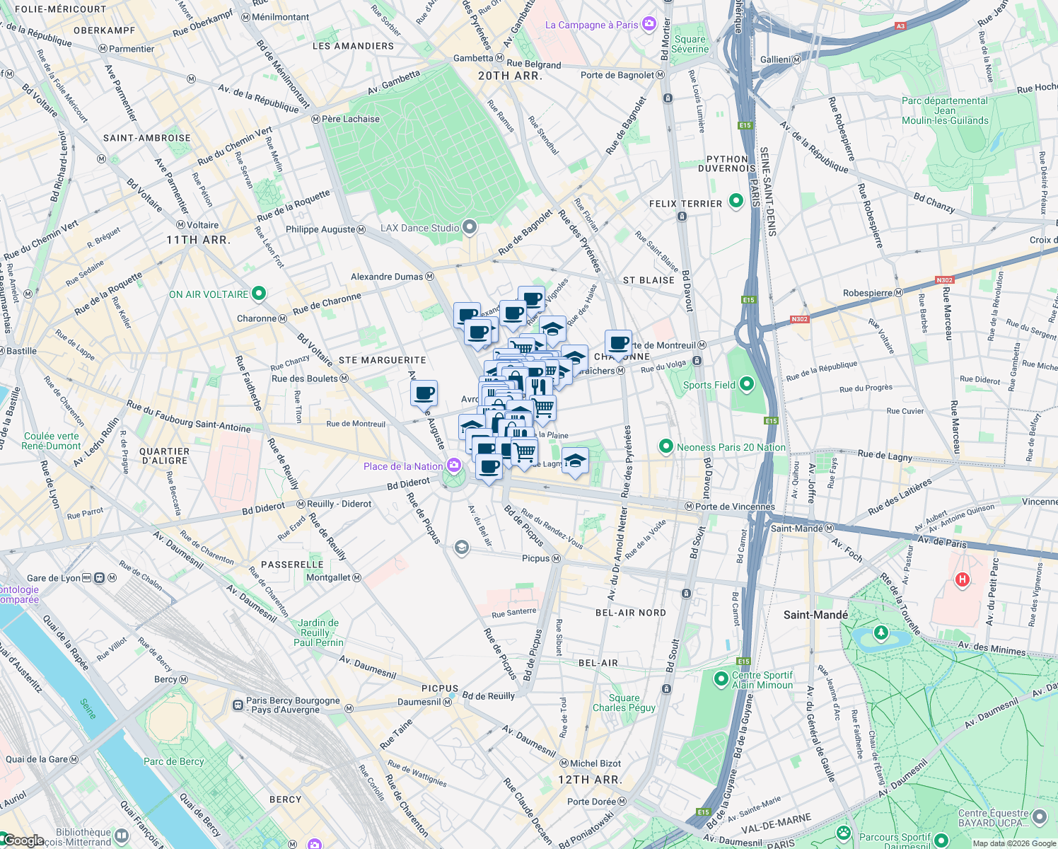 map of restaurants, bars, coffee shops, grocery stores, and more near in Paris