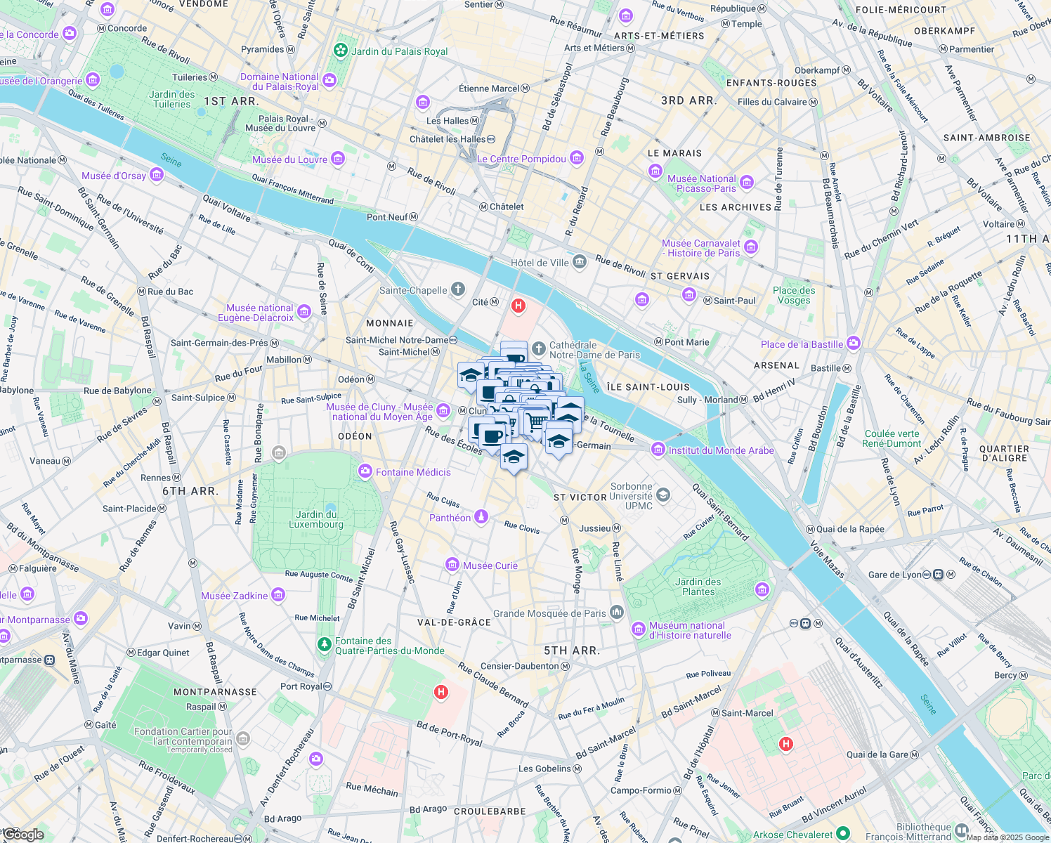 map of restaurants, bars, coffee shops, grocery stores, and more near 25 Rue Frédéric Sauton in Paris