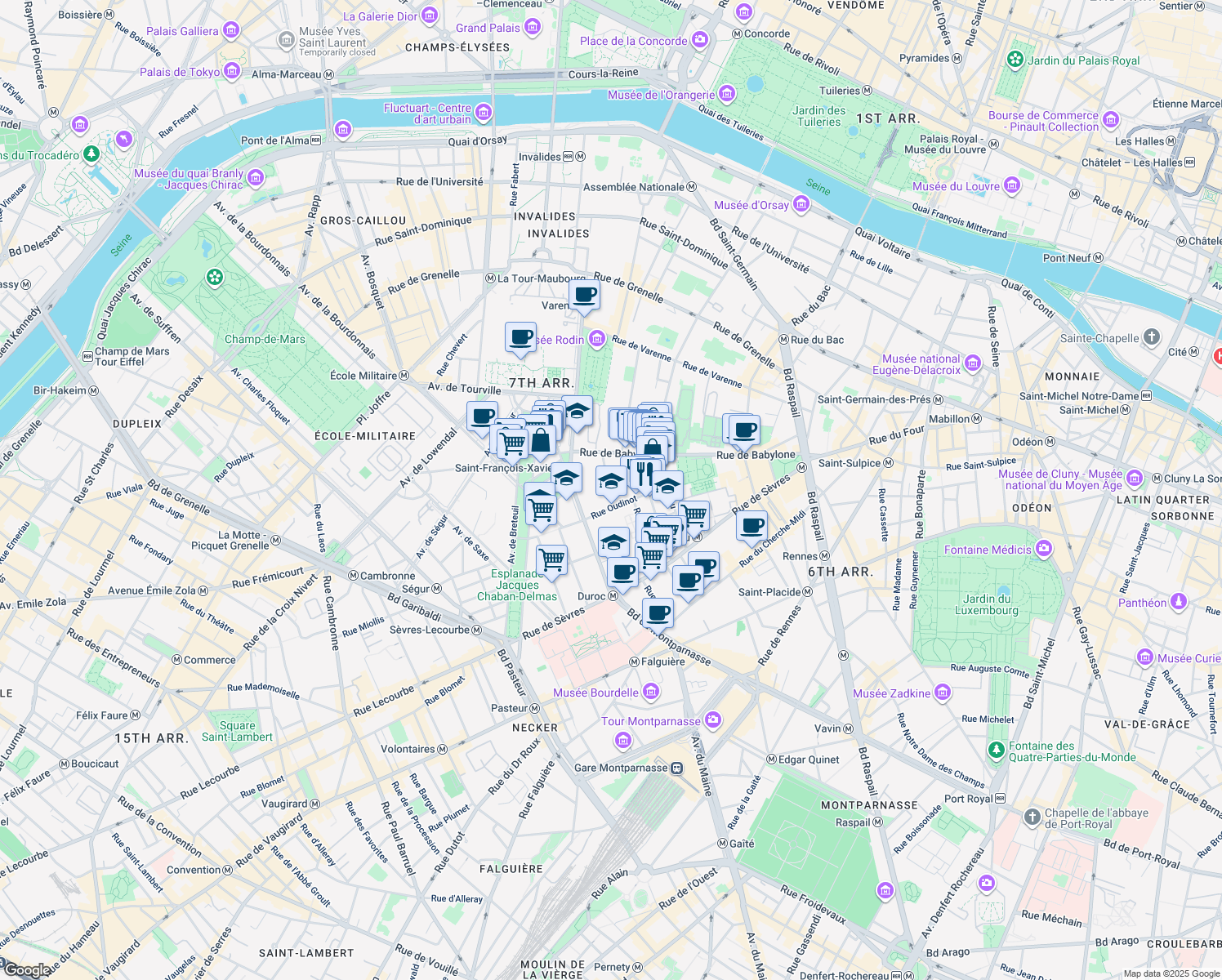 map of restaurants, bars, coffee shops, grocery stores, and more near 15 Rue Monsieur in Paris