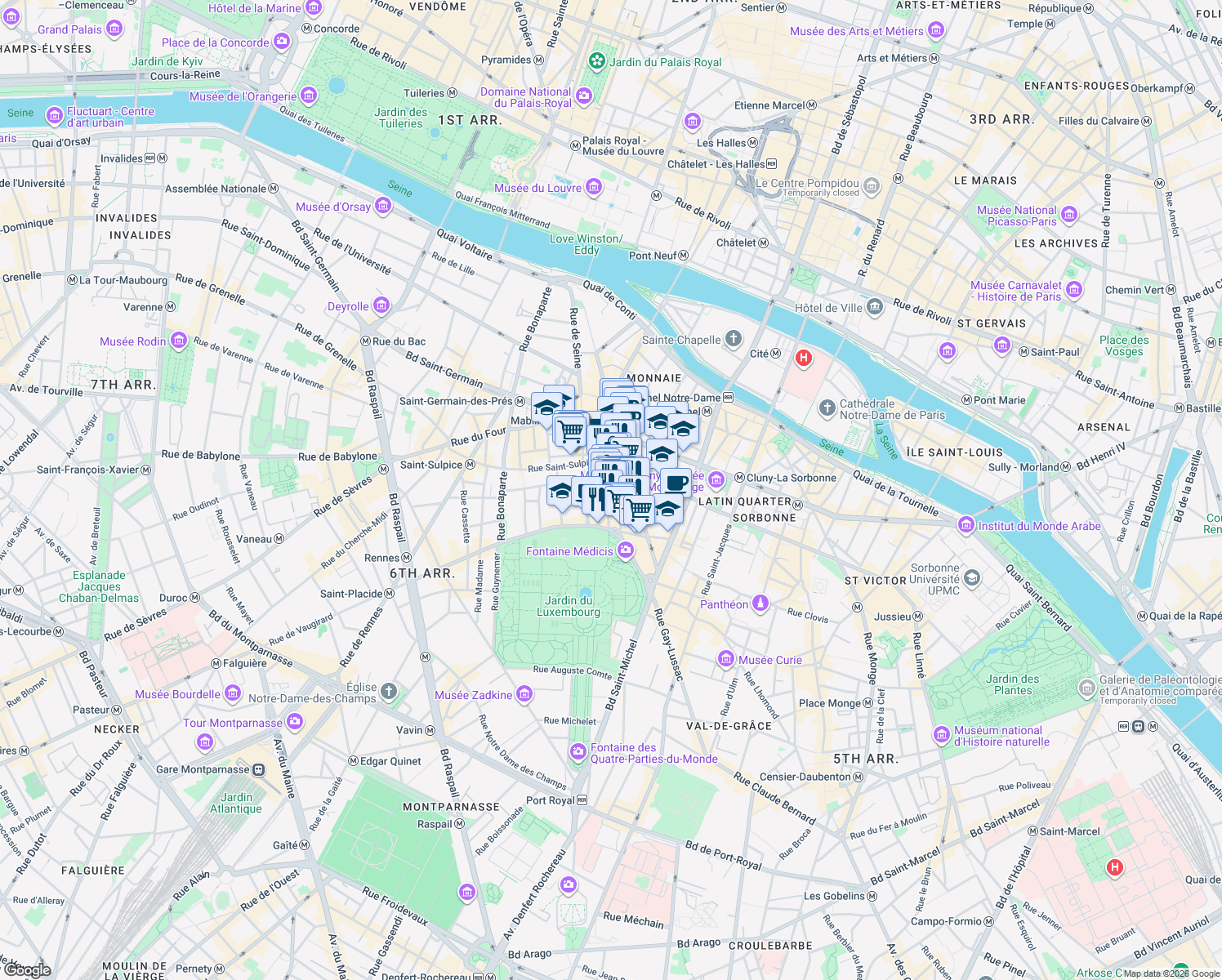 map of restaurants, bars, coffee shops, grocery stores, and more near 18 Rue de l'Odéon in Paris