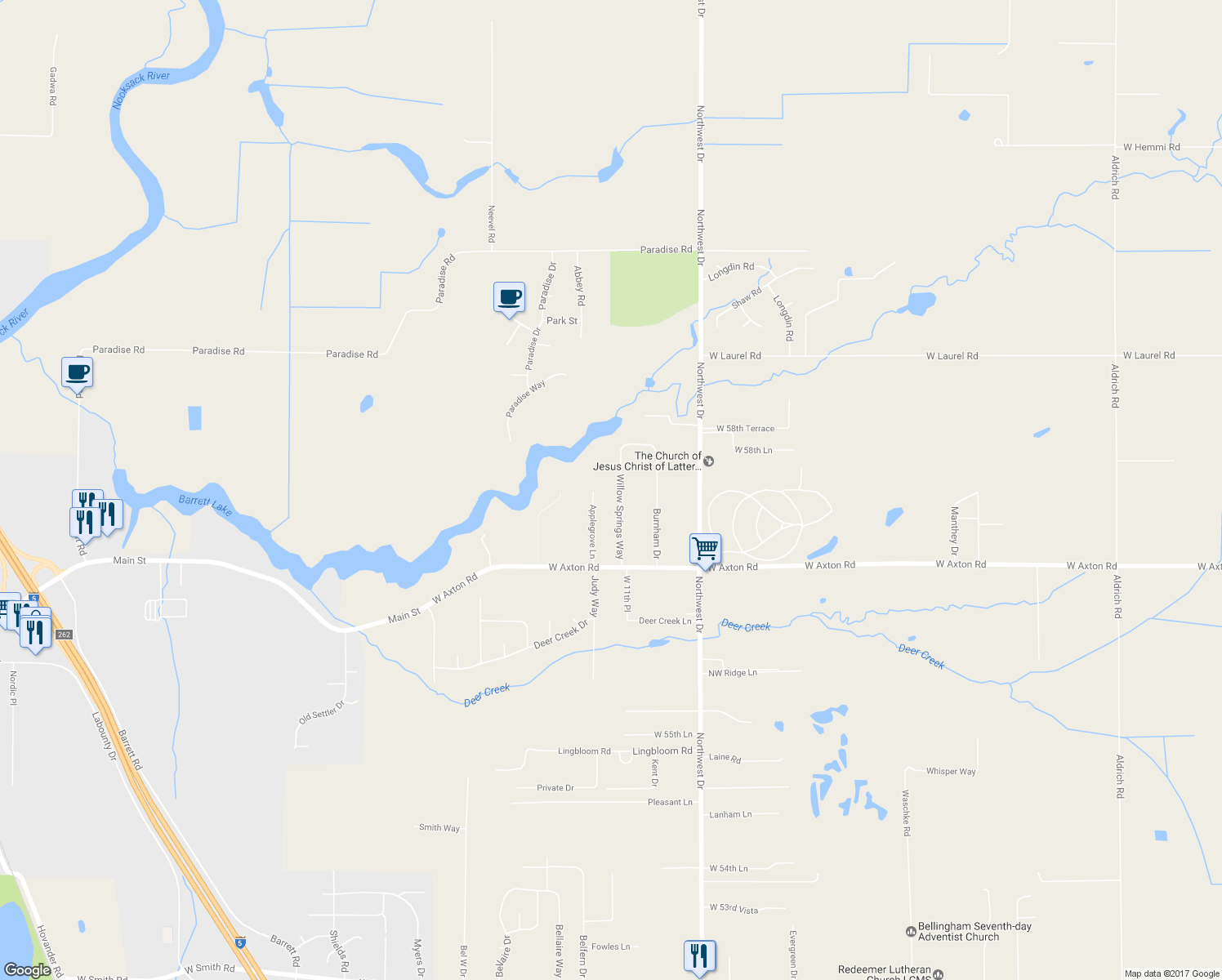 map of restaurants, bars, coffee shops, grocery stores, and more near 5777 Willow Springs Way in Ferndale