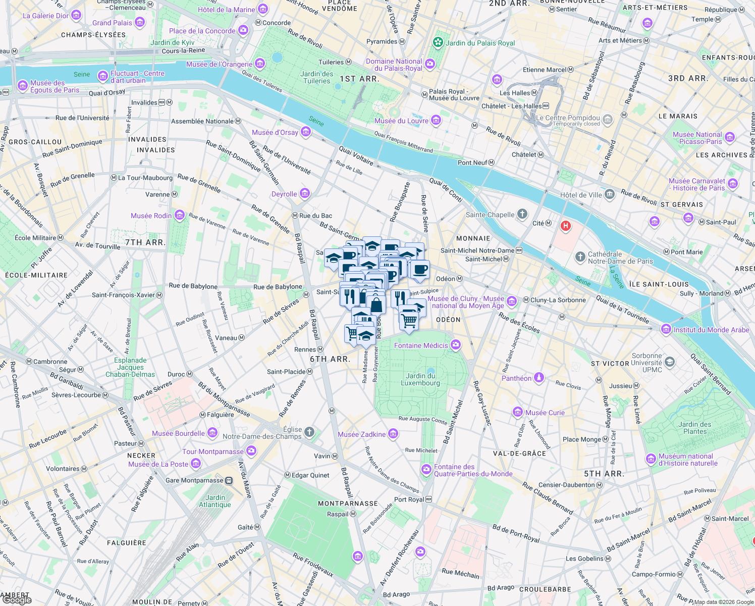 map of restaurants, bars, coffee shops, grocery stores, and more near 76 Rue Bonaparte in Paris