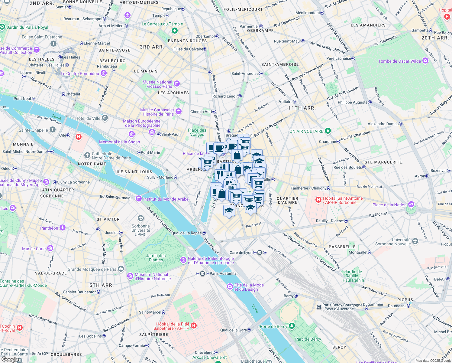 map of restaurants, bars, coffee shops, grocery stores, and more near 17 Rue Biscornet in Paris