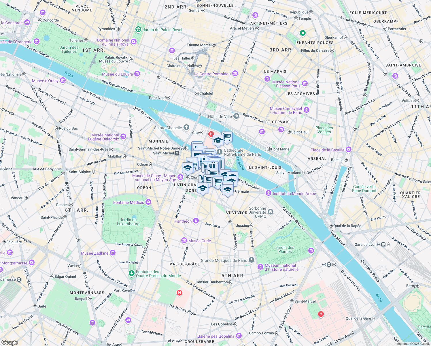 map of restaurants, bars, coffee shops, grocery stores, and more near 1 Rue de la Bûcherie in Paris