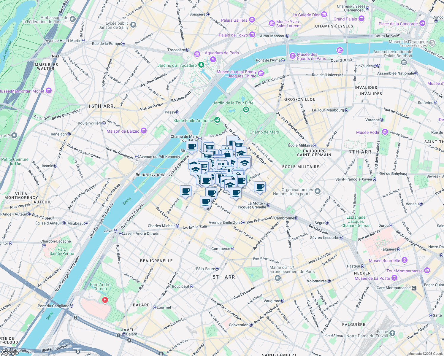 map of restaurants, bars, coffee shops, grocery stores, and more near 53 Boulevard de Grenelle in Paris