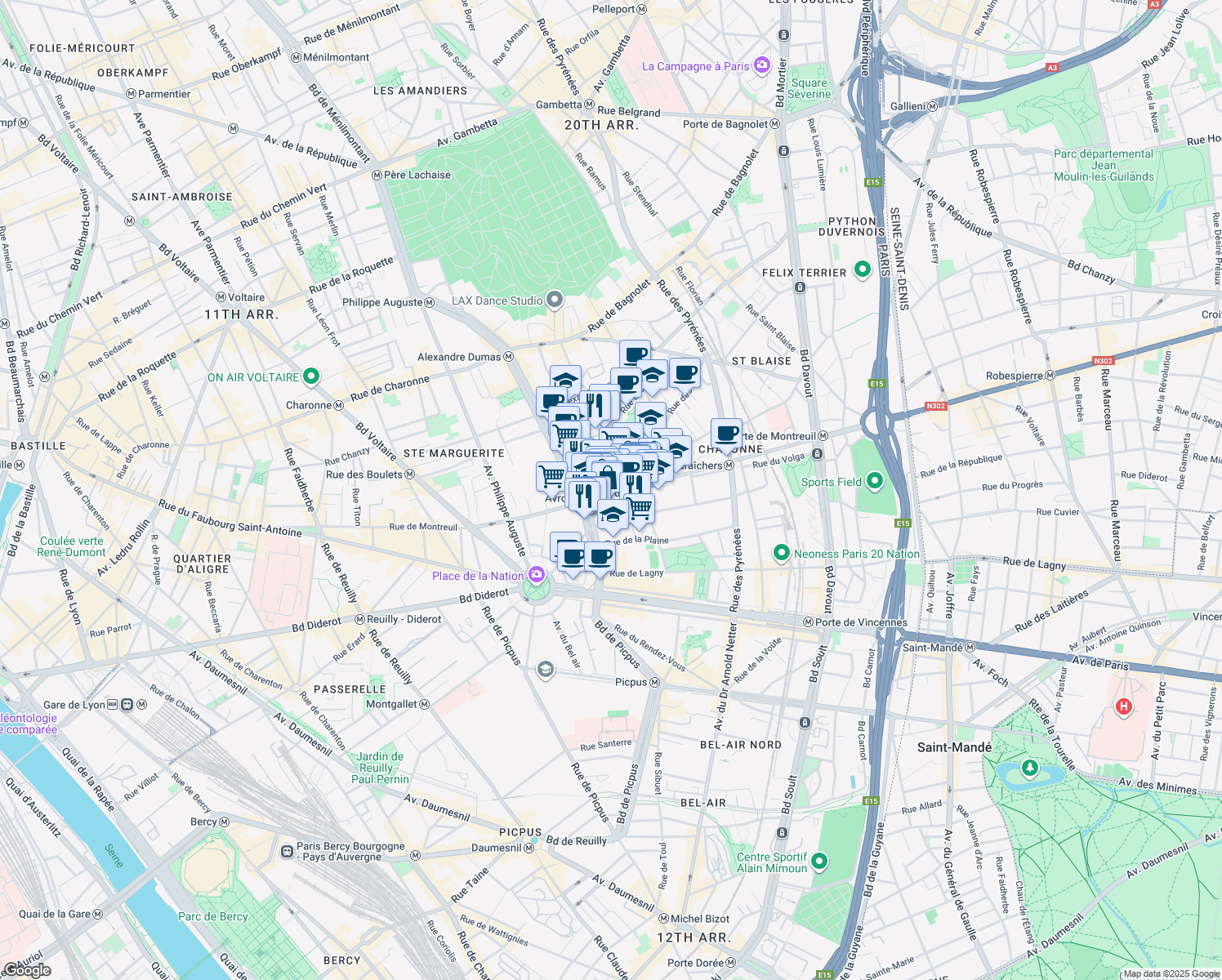 map of restaurants, bars, coffee shops, grocery stores, and more near in Paris