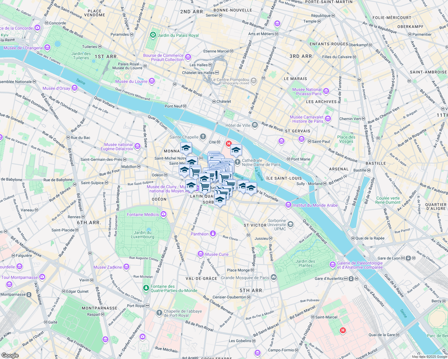 map of restaurants, bars, coffee shops, grocery stores, and more near 7 Rue Lagrange in Paris