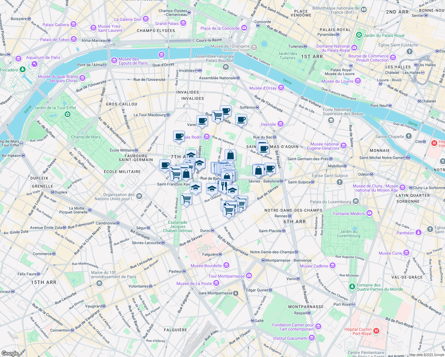 map of restaurants, bars, coffee shops, grocery stores, and more near 50 Rue de Babylone in Paris
