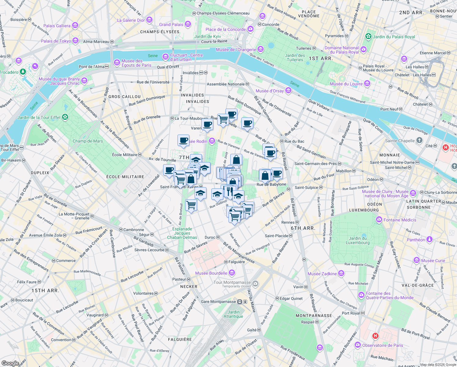 map of restaurants, bars, coffee shops, grocery stores, and more near 50 Rue de Babylone in Paris