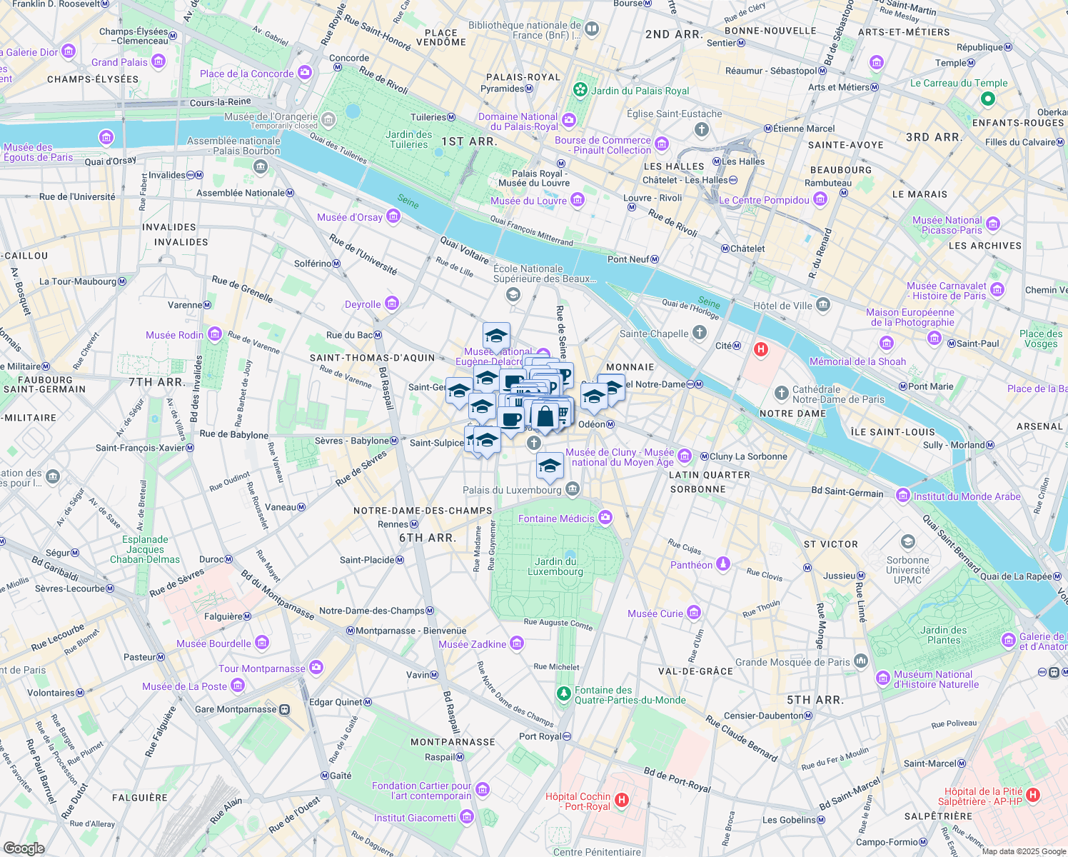 map of restaurants, bars, coffee shops, grocery stores, and more near 6 Rue Guisarde in Paris