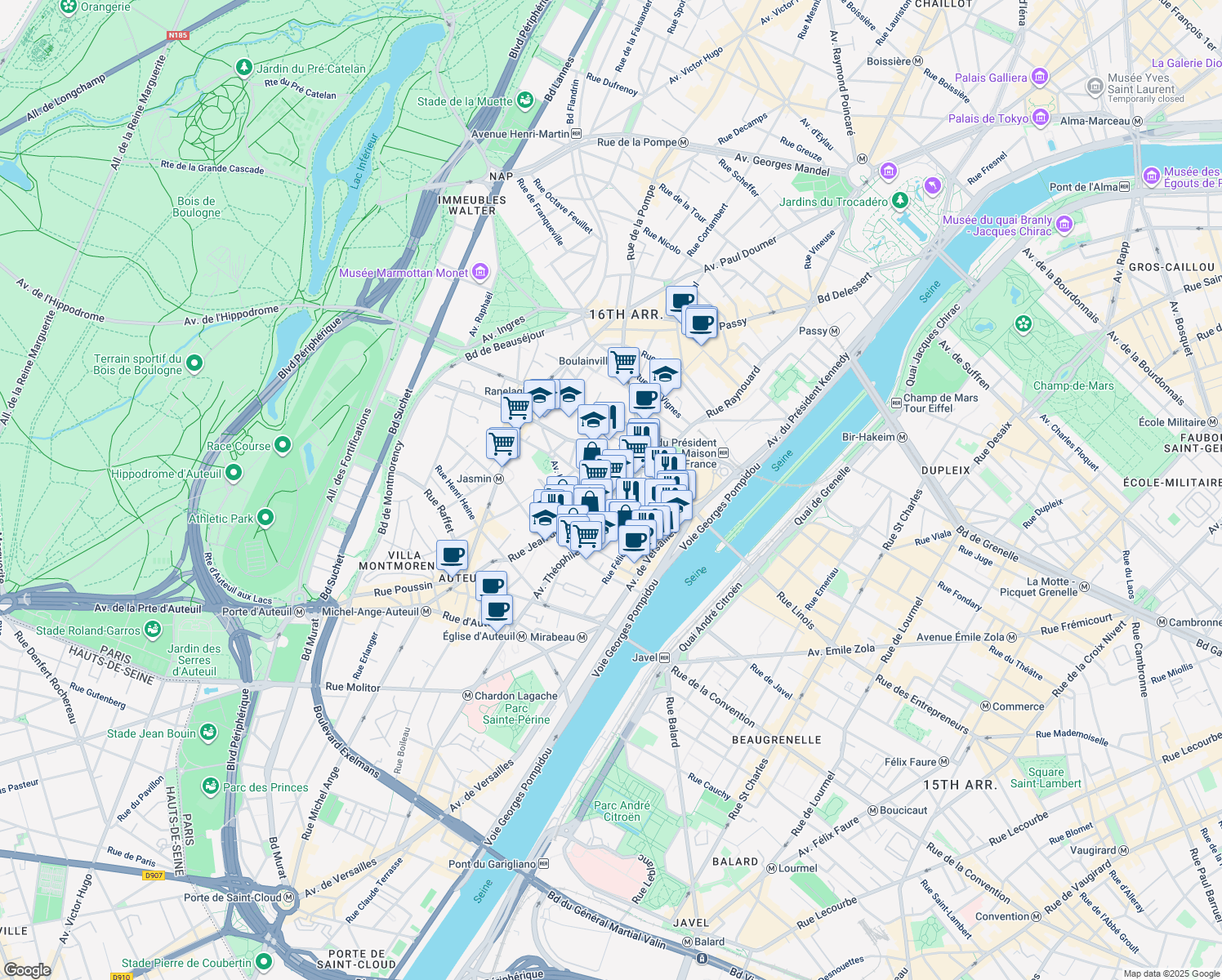 map of restaurants, bars, coffee shops, grocery stores, and more near 22 Rue Jean de la Fontaine in Paris