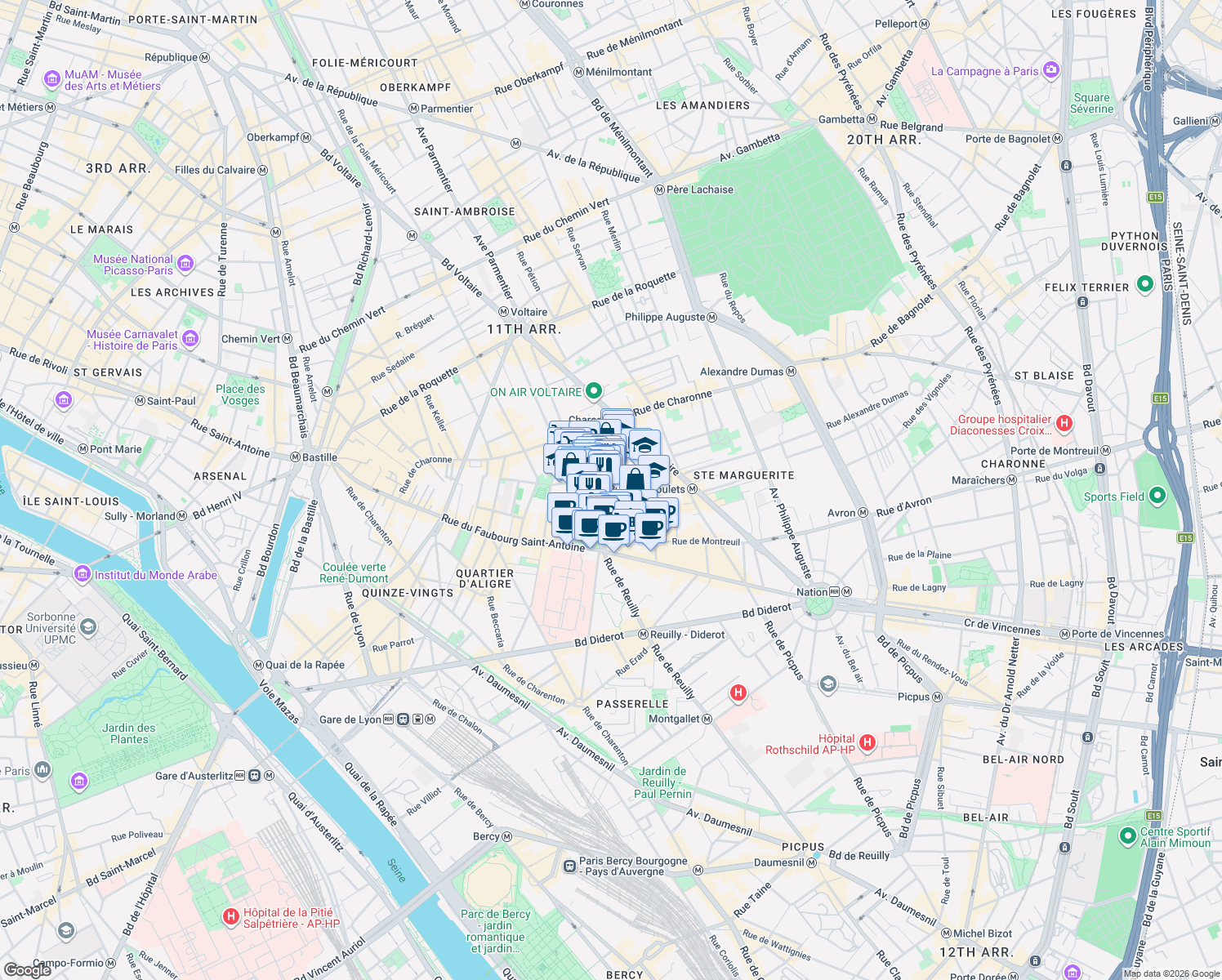 map of restaurants, bars, coffee shops, grocery stores, and more near 18 Rue Paul Bert in Paris