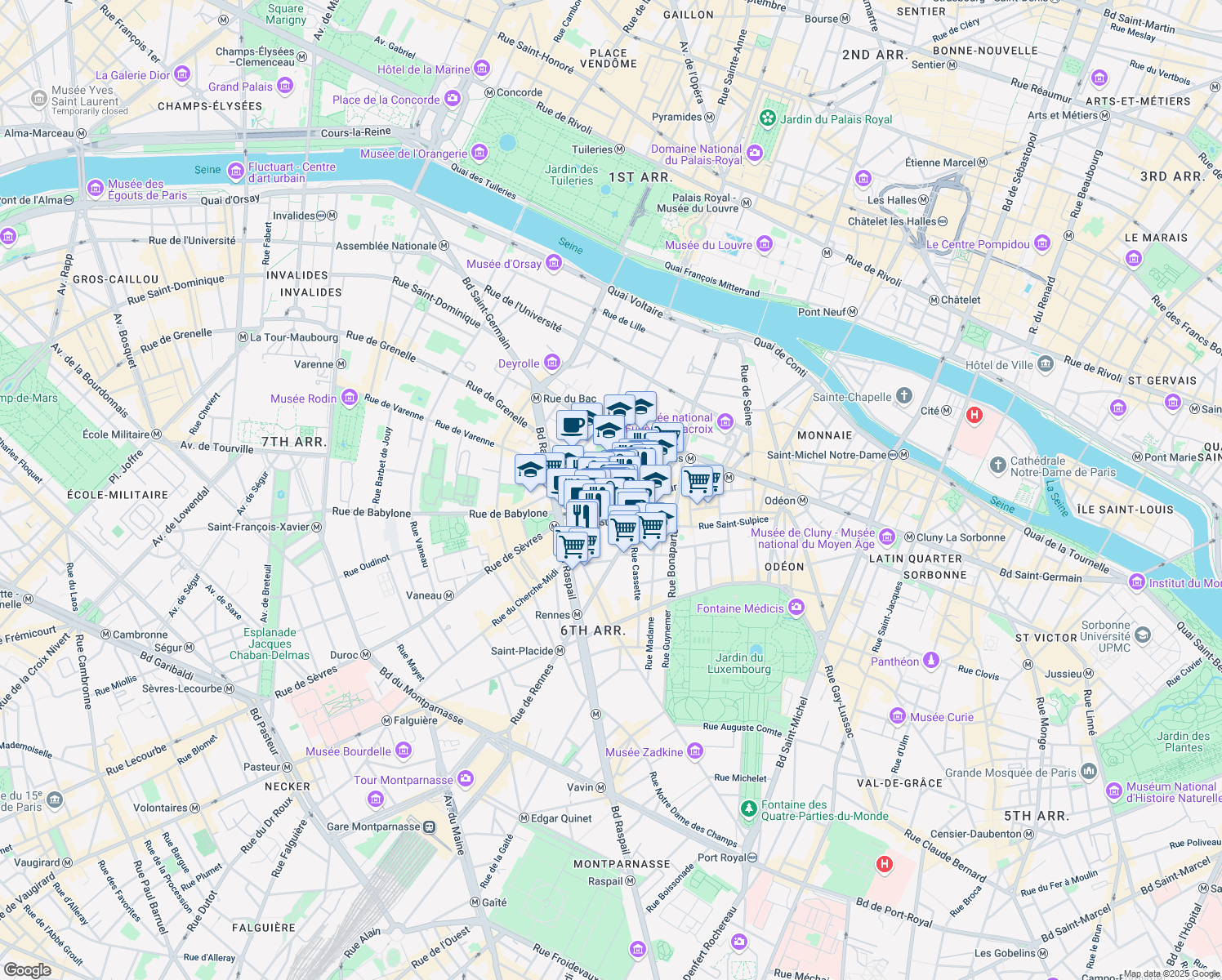 map of restaurants, bars, coffee shops, grocery stores, and more near 5 Rue de Grenelle in Paris