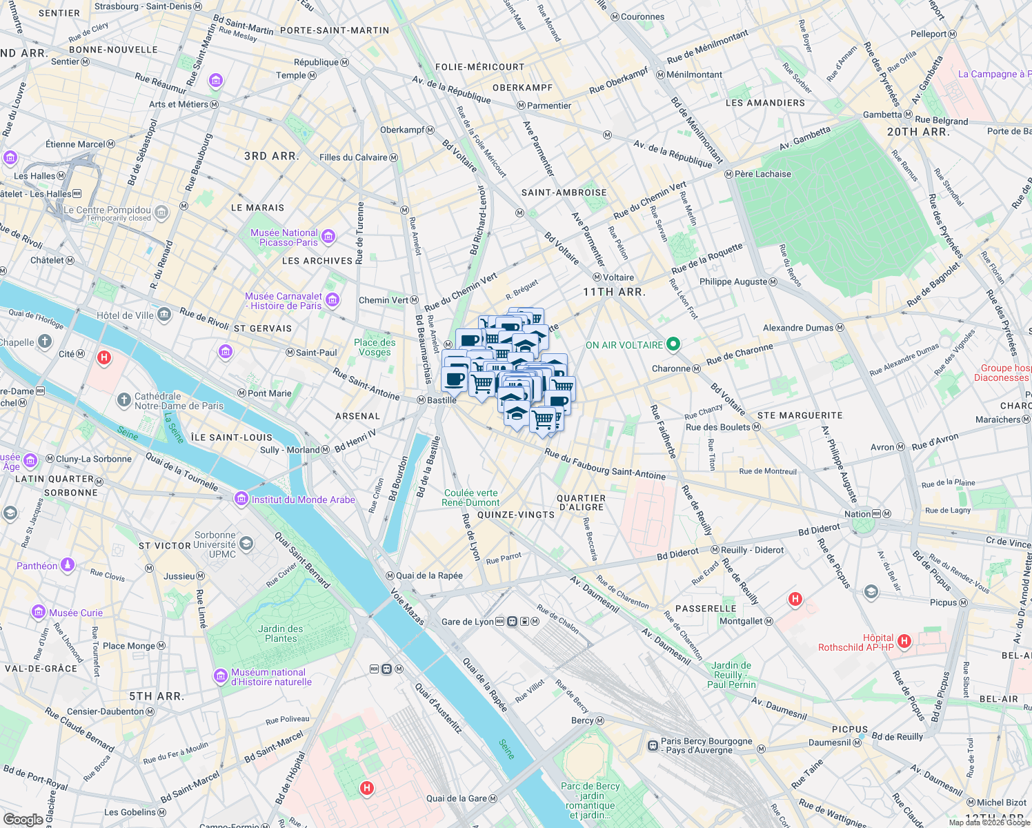 map of restaurants, bars, coffee shops, grocery stores, and more near 13 Rue de Charonne in Paris