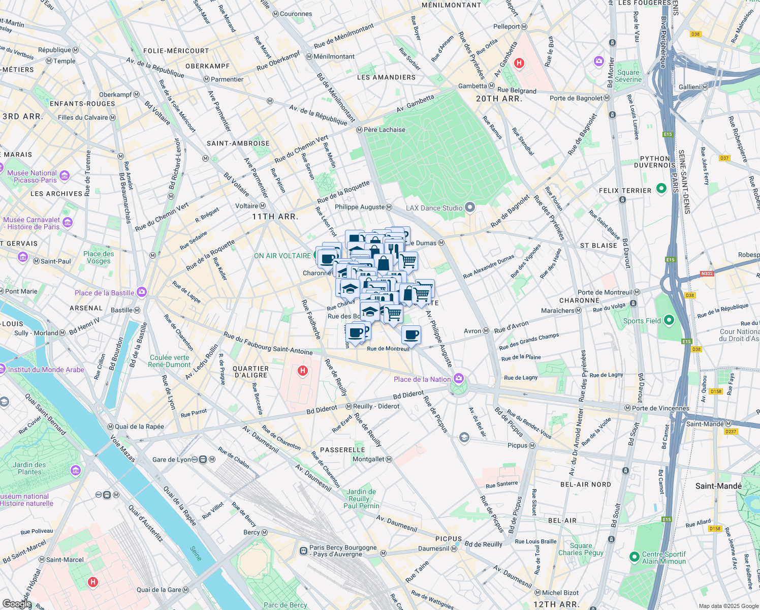 map of restaurants, bars, coffee shops, grocery stores, and more near 4 Rue Alexandre Dumas in Paris