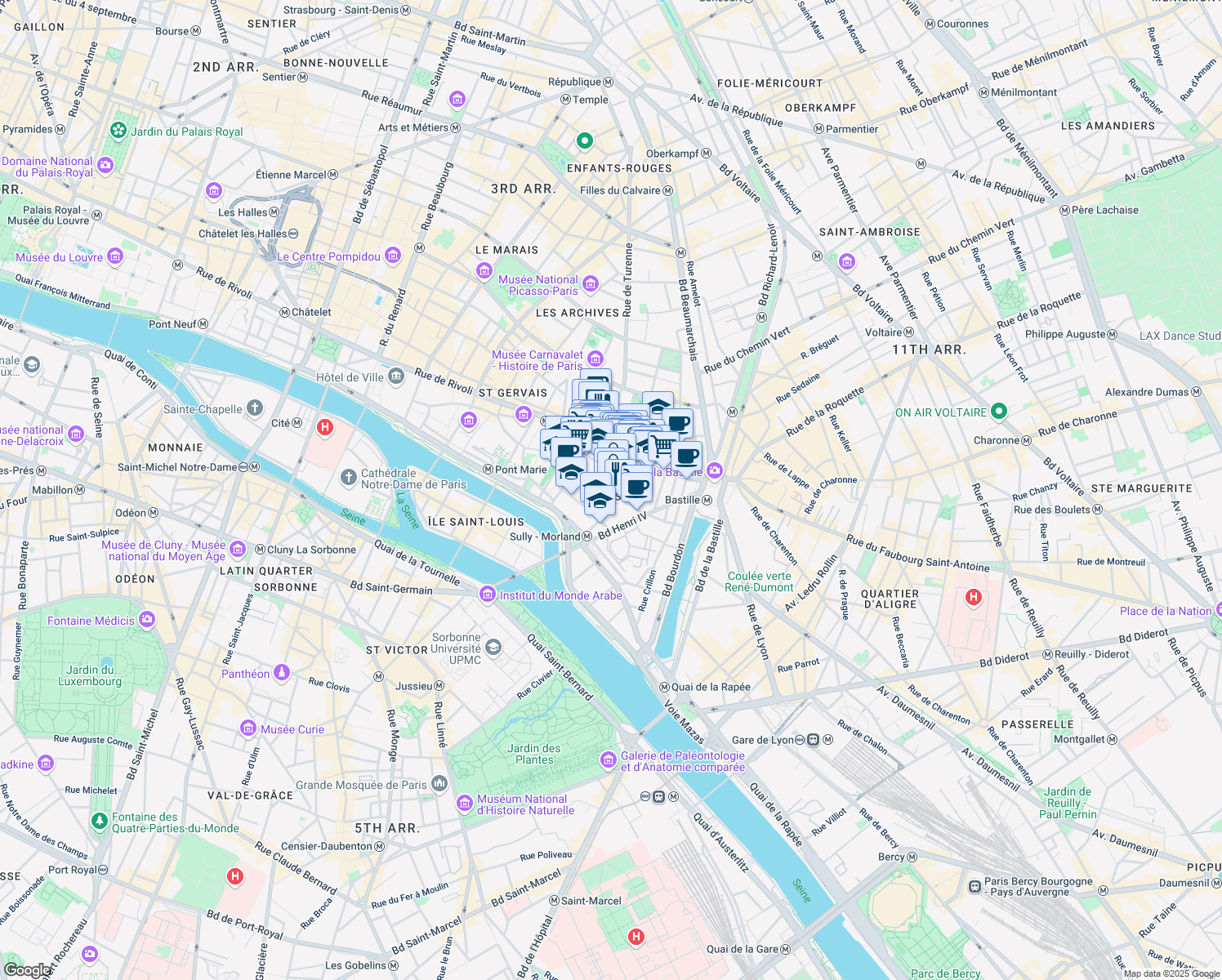 map of restaurants, bars, coffee shops, grocery stores, and more near 12 Rue Beautreillis in Paris