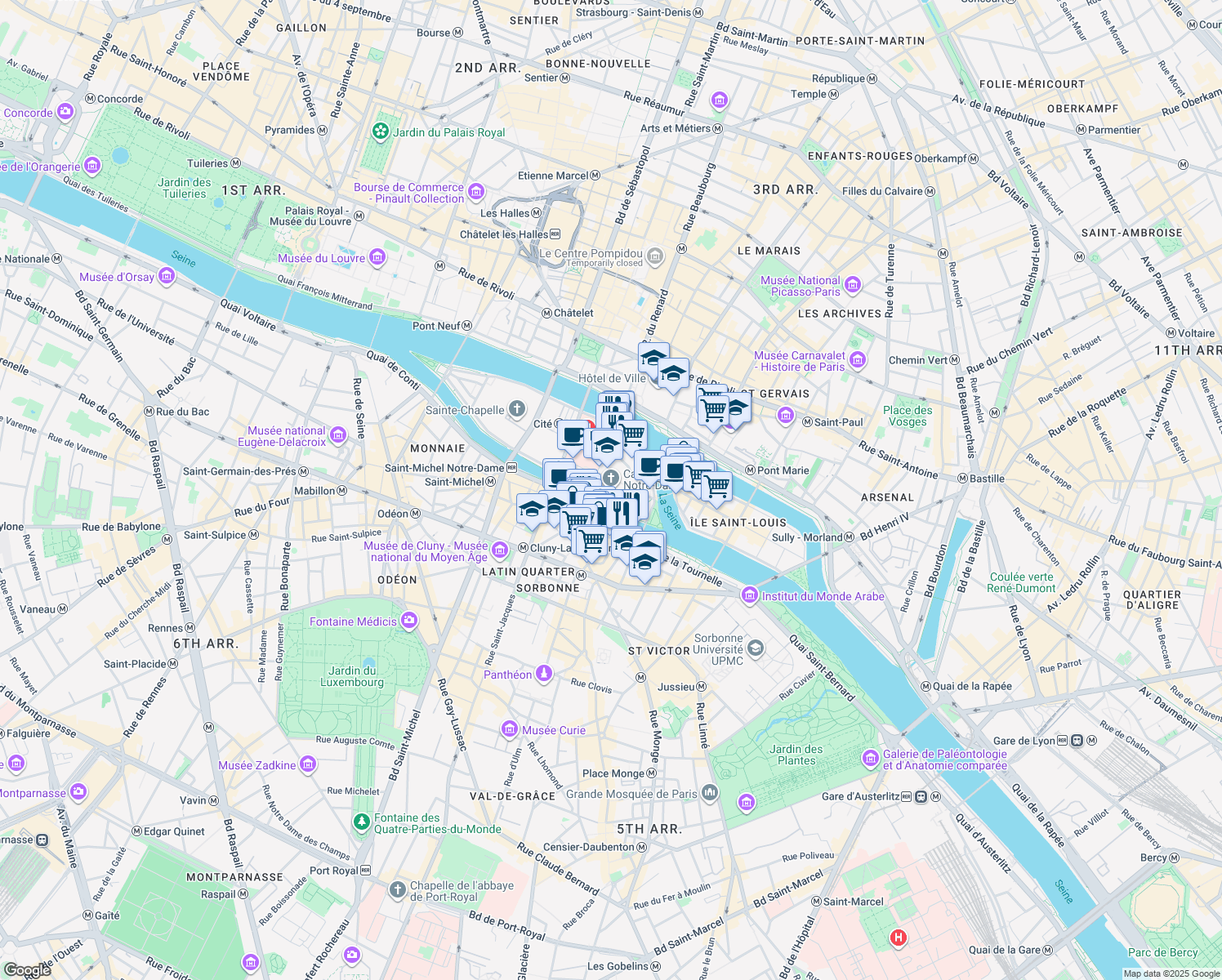 map of restaurants, bars, coffee shops, grocery stores, and more near 6 Parvis Notre Dame - Place Jean-Paul II in Paris