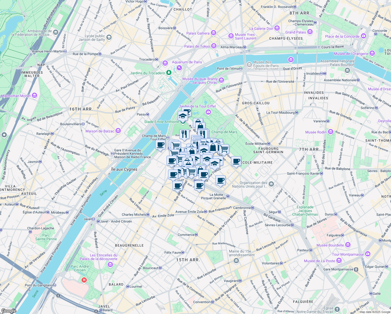 map of restaurants, bars, coffee shops, grocery stores, and more near 23 Rue Desaix in Paris