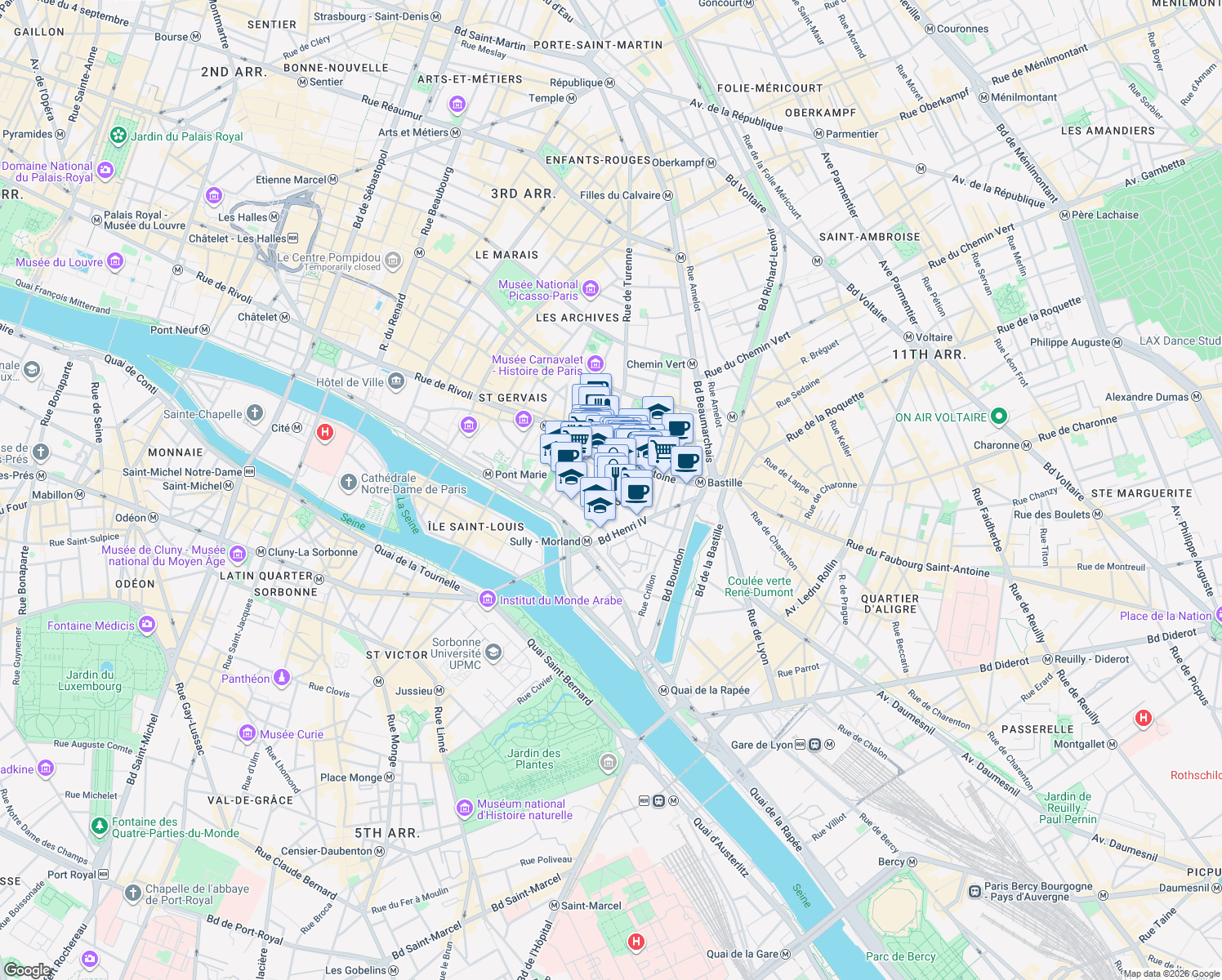 map of restaurants, bars, coffee shops, grocery stores, and more near 13 Rue Beautreillis in Paris