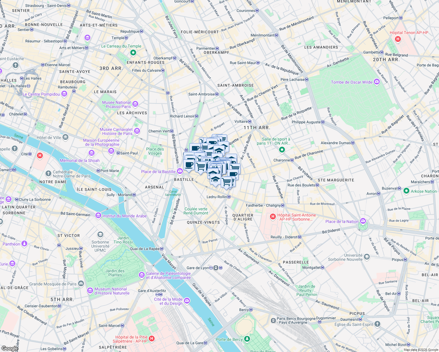 map of restaurants, bars, coffee shops, grocery stores, and more near 21 Rue de Charonne in Paris