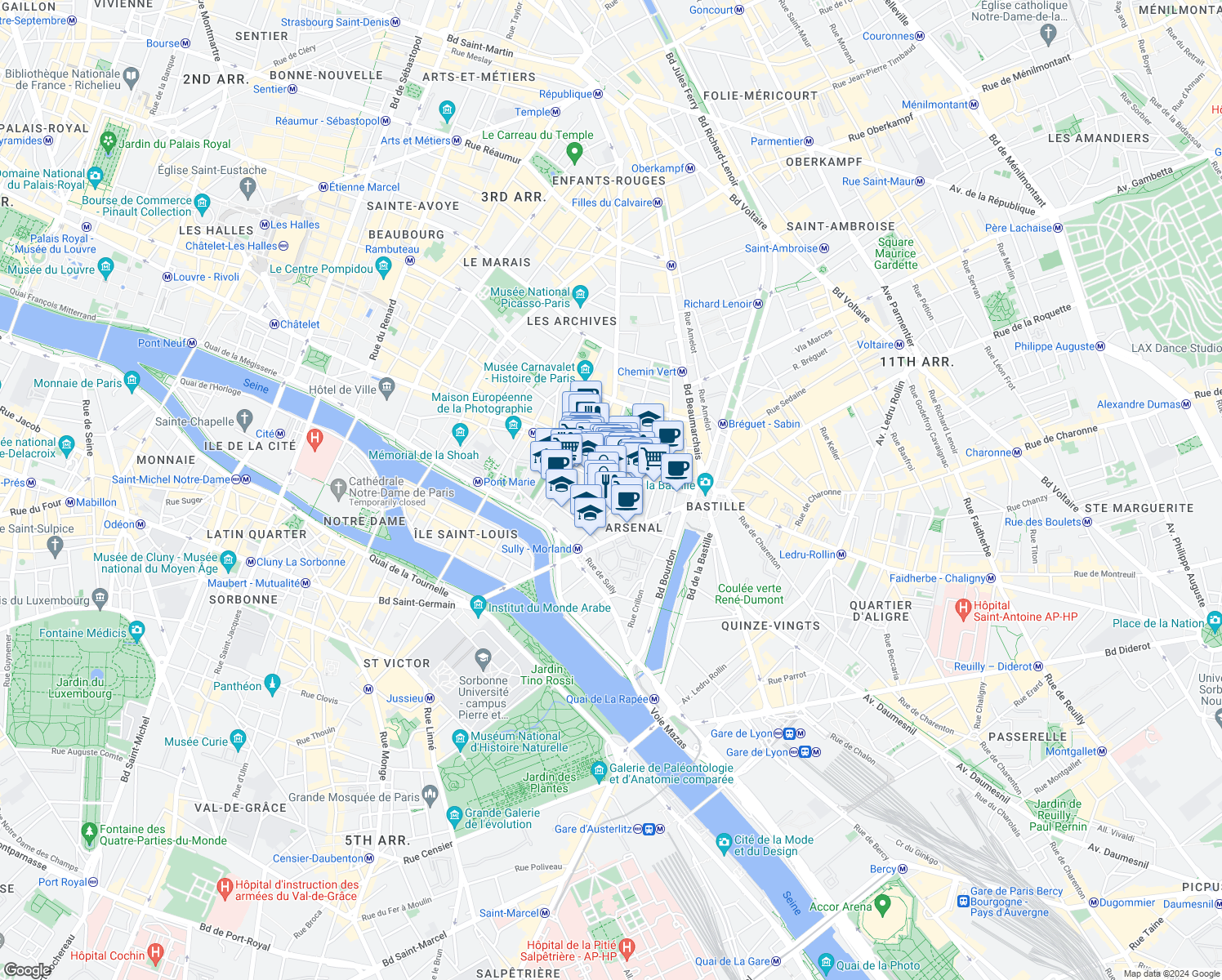 map of restaurants, bars, coffee shops, grocery stores, and more near 20 Rue Beautreillis in Paris