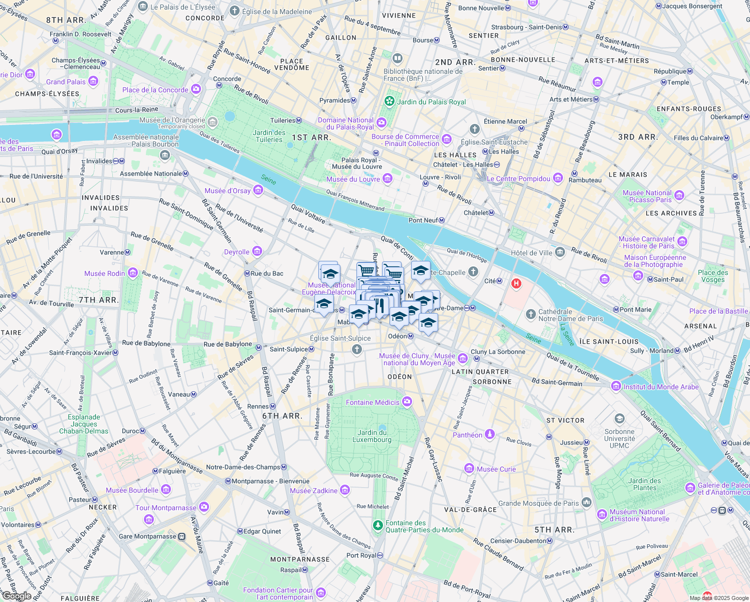 map of restaurants, bars, coffee shops, grocery stores, and more near 54 Rue de Seine in Paris