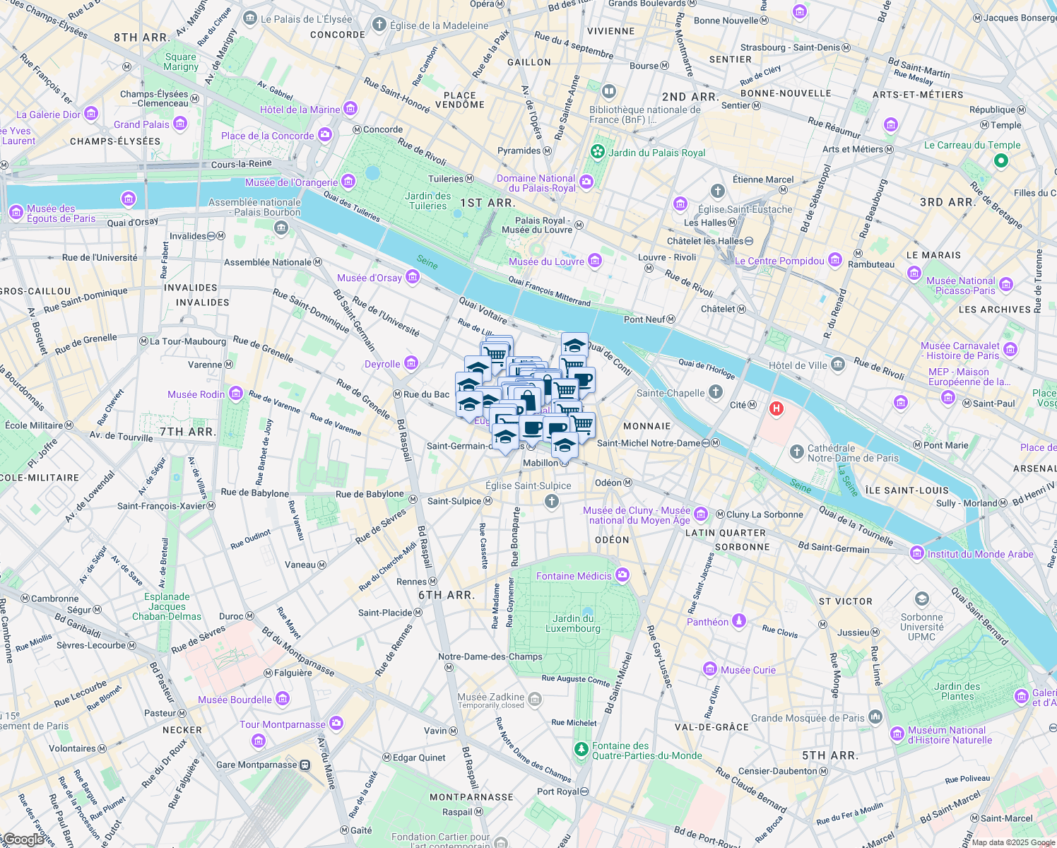 map of restaurants, bars, coffee shops, grocery stores, and more near 42 Rue Bonaparte in Paris