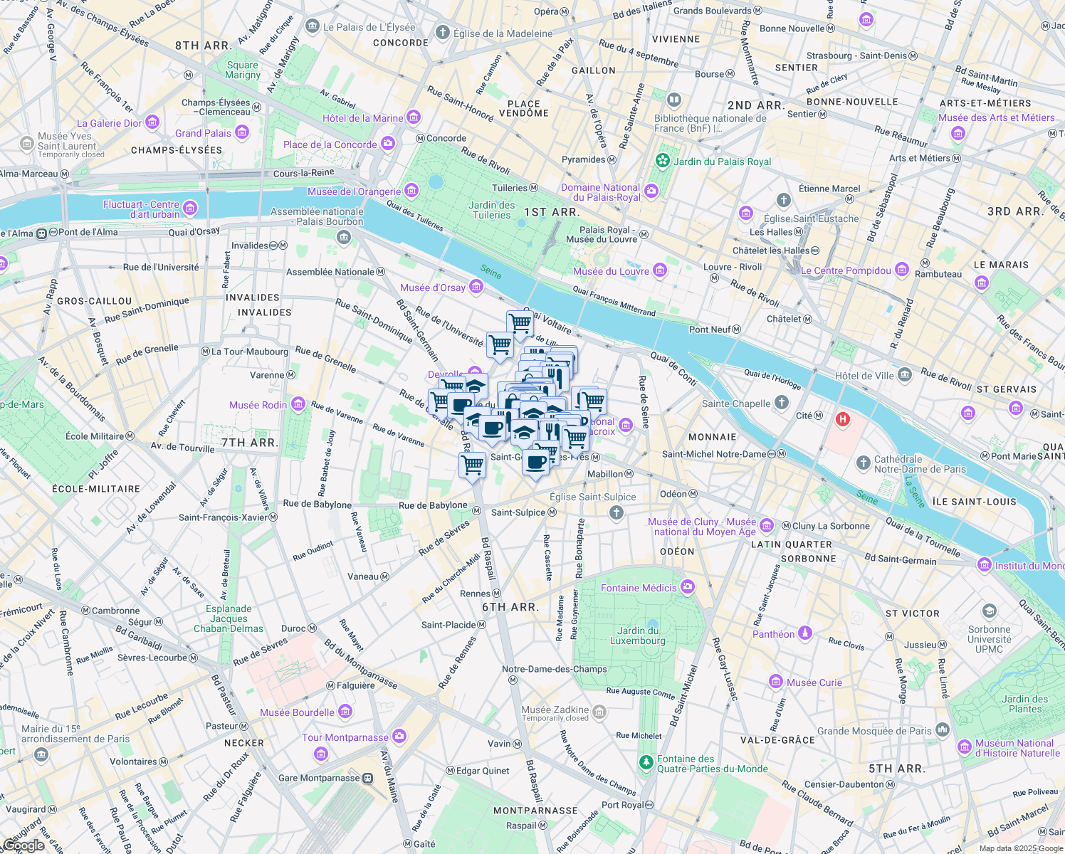 map of restaurants, bars, coffee shops, grocery stores, and more near 194 Boulevard Saint-Germain in Paris