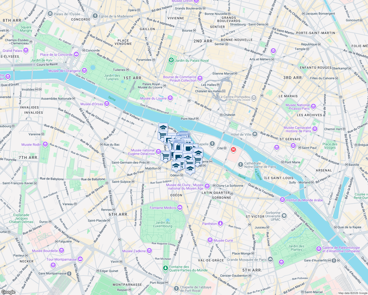 map of restaurants, bars, coffee shops, grocery stores, and more near 19 Rue Dauphine in Paris