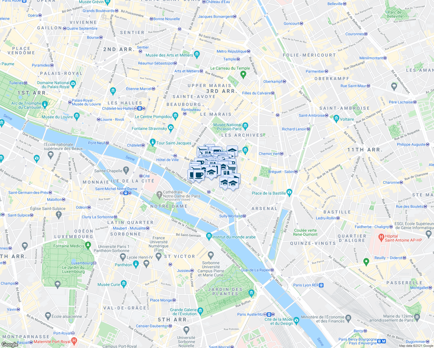 map of restaurants, bars, coffee shops, grocery stores, and more near 68 Rue François Miron in Paris