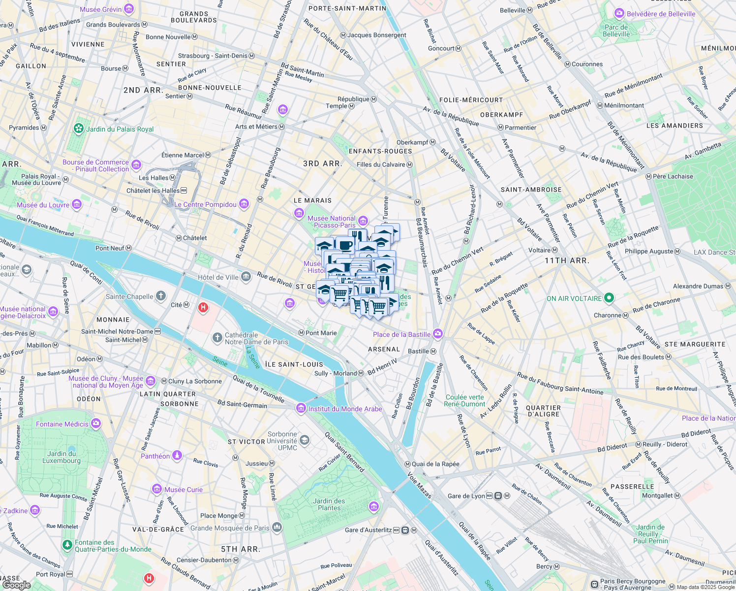 map of restaurants, bars, coffee shops, grocery stores, and more near 6 Rue de Jarente in Paris