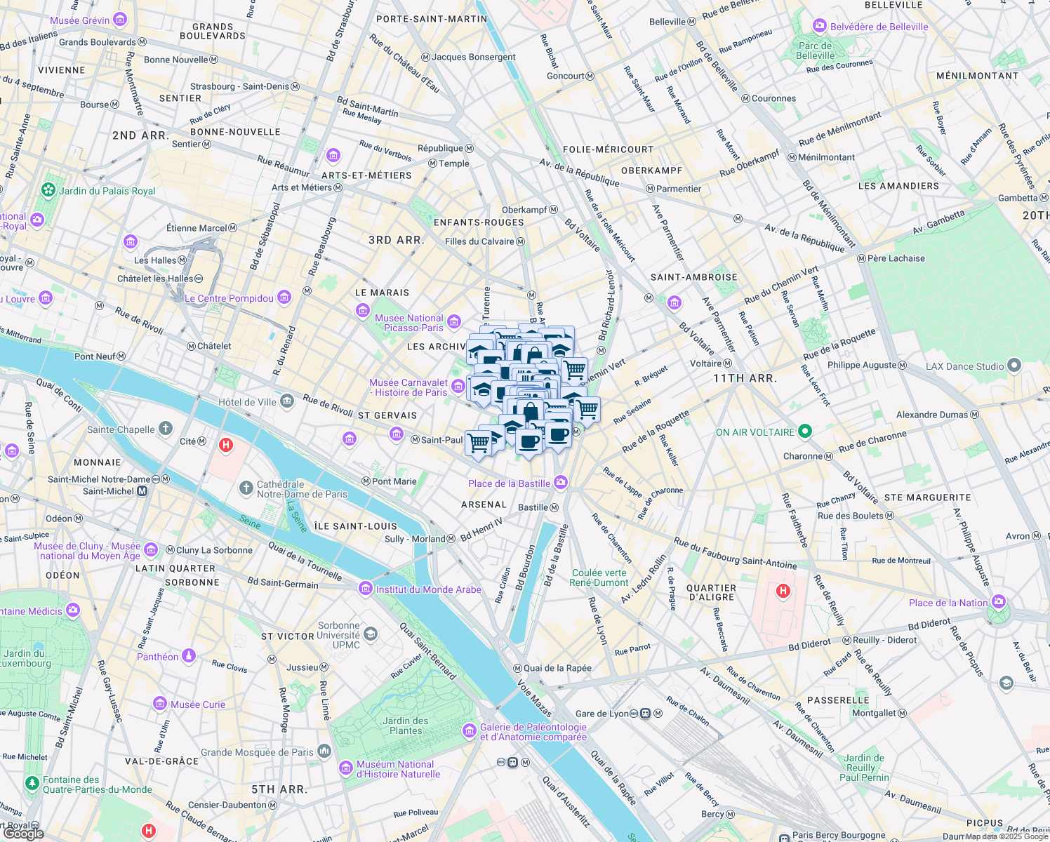 map of restaurants, bars, coffee shops, grocery stores, and more near 8 Rue du Pas de la Mule in Paris