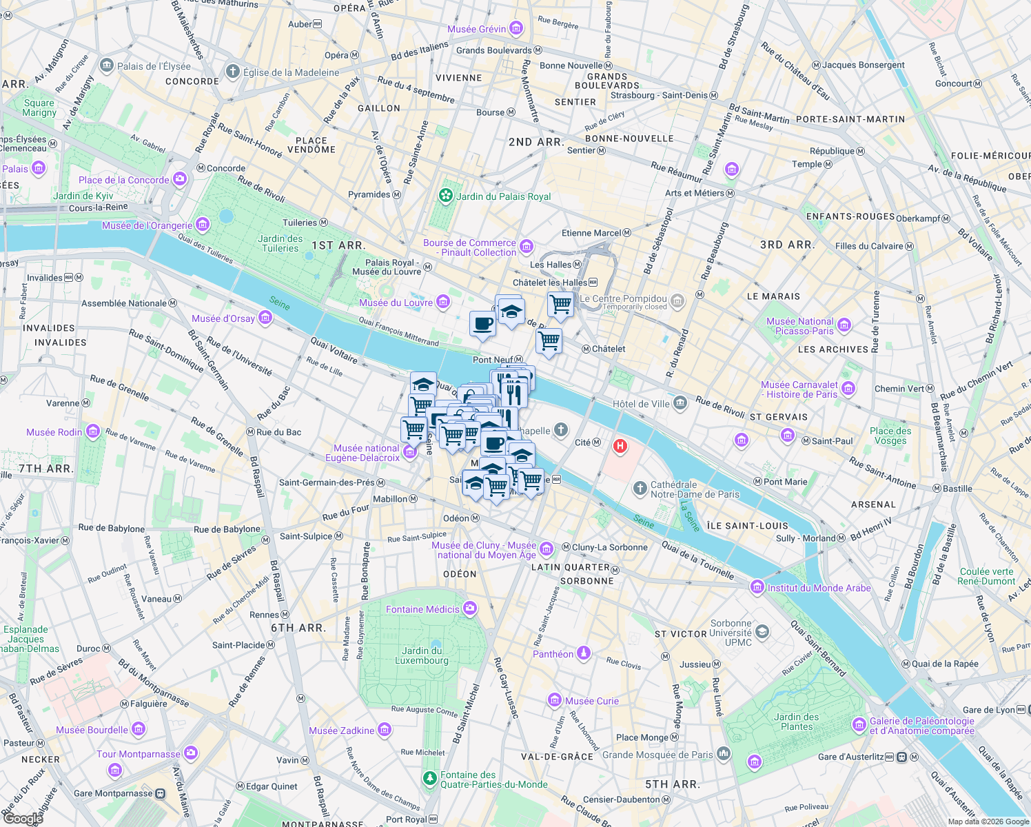 map of restaurants, bars, coffee shops, grocery stores, and more near 17 Place Dauphine in Paris