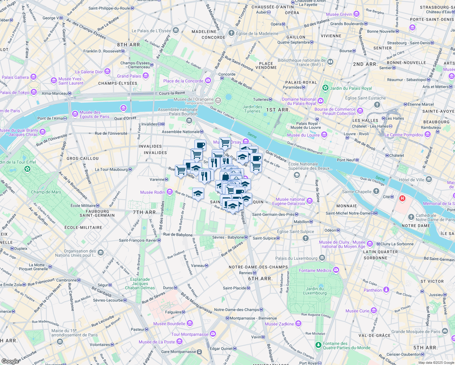 map of restaurants, bars, coffee shops, grocery stores, and more near 6 Rue de Saint-Simon in Paris