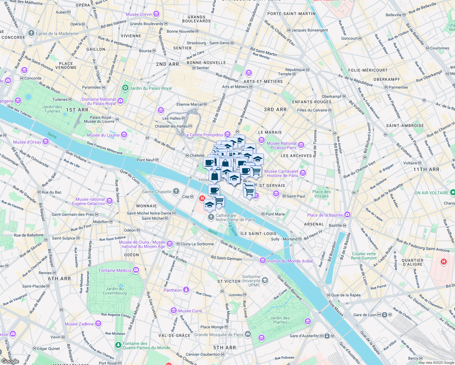 map of restaurants, bars, coffee shops, grocery stores, and more near in Paris