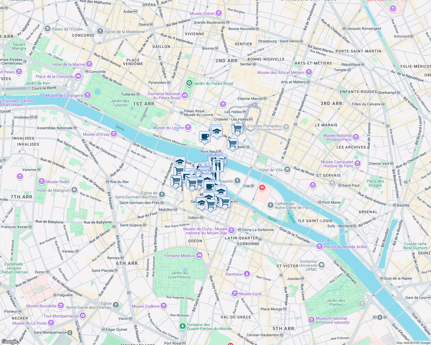 map of restaurants, bars, coffee shops, grocery stores, and more near 66 Quai des Orfèvres in Paris