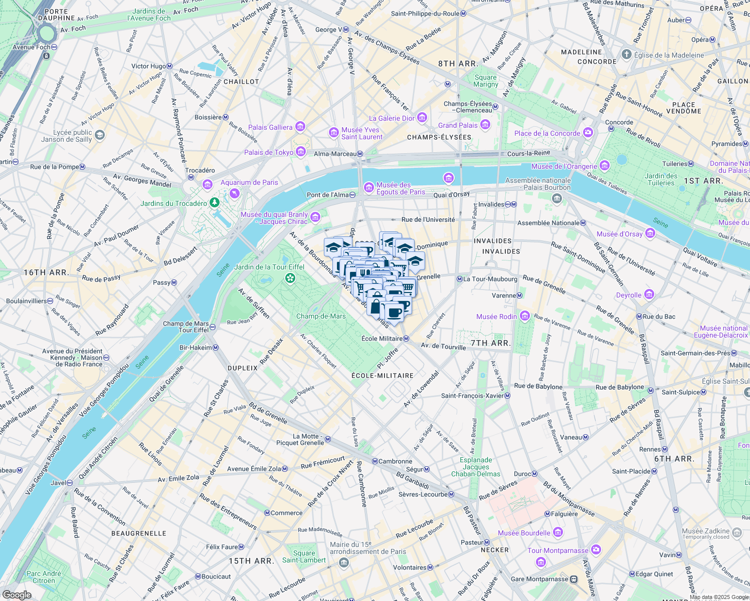 map of restaurants, bars, coffee shops, grocery stores, and more near 210 Rue de Grenelle in Paris