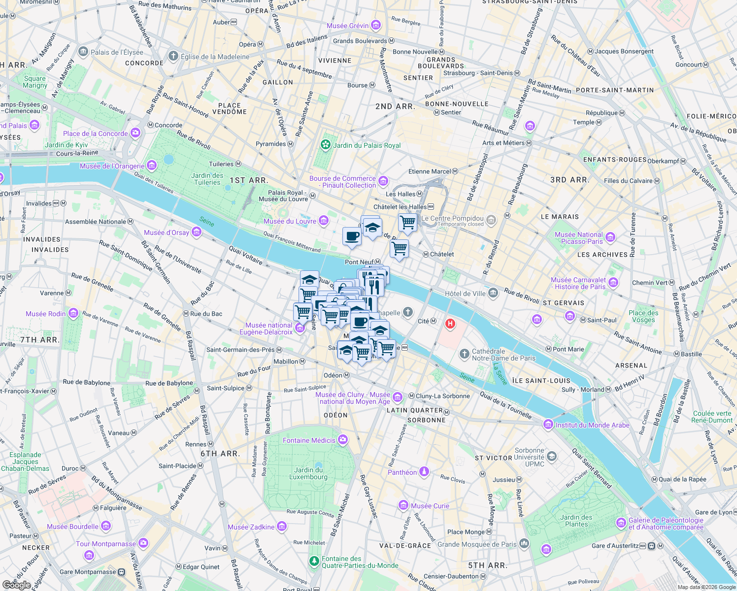 map of restaurants, bars, coffee shops, grocery stores, and more near 72 Quai des Orfèvres in Paris