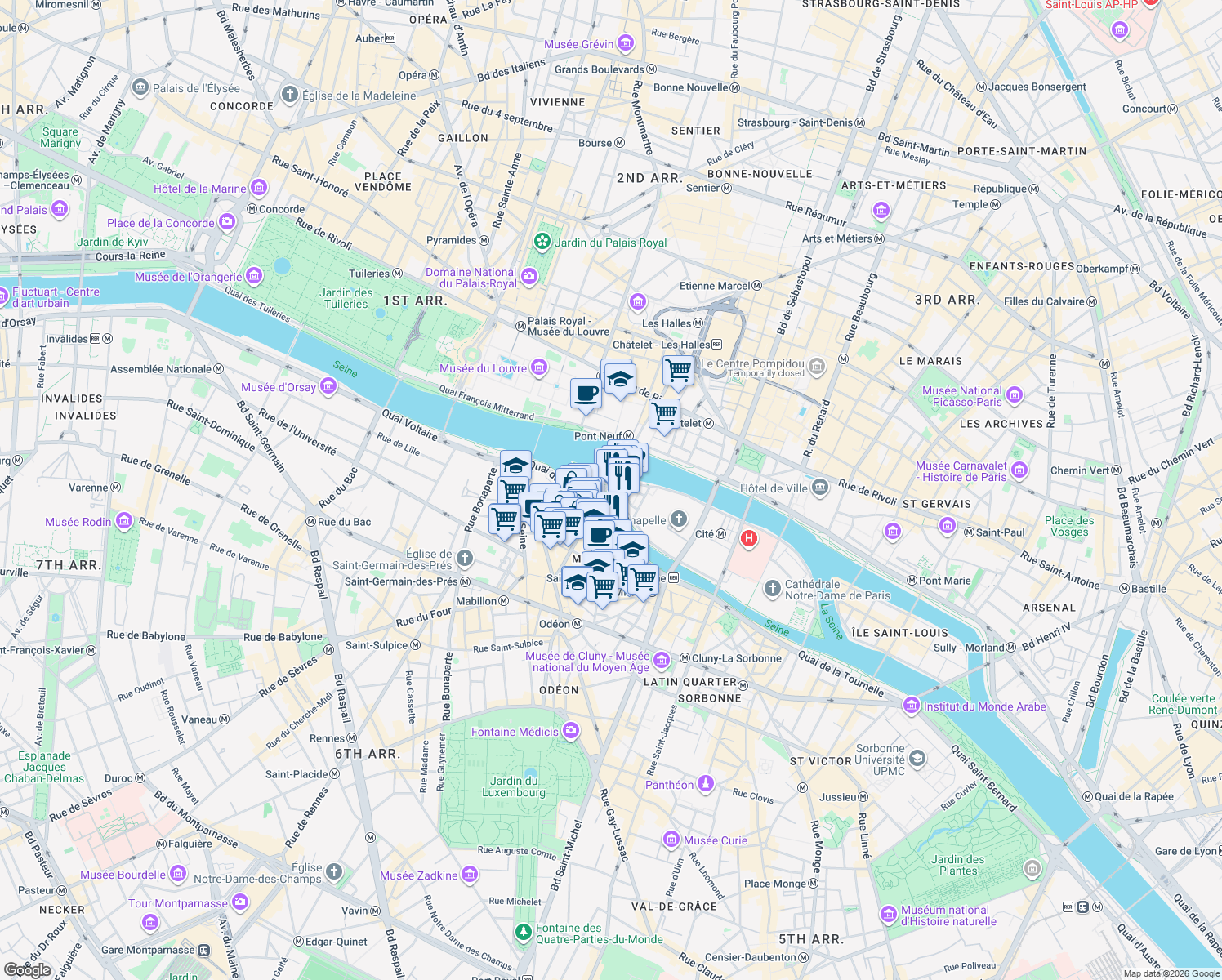 map of restaurants, bars, coffee shops, grocery stores, and more near 74 Quai des Orfèvres in Paris