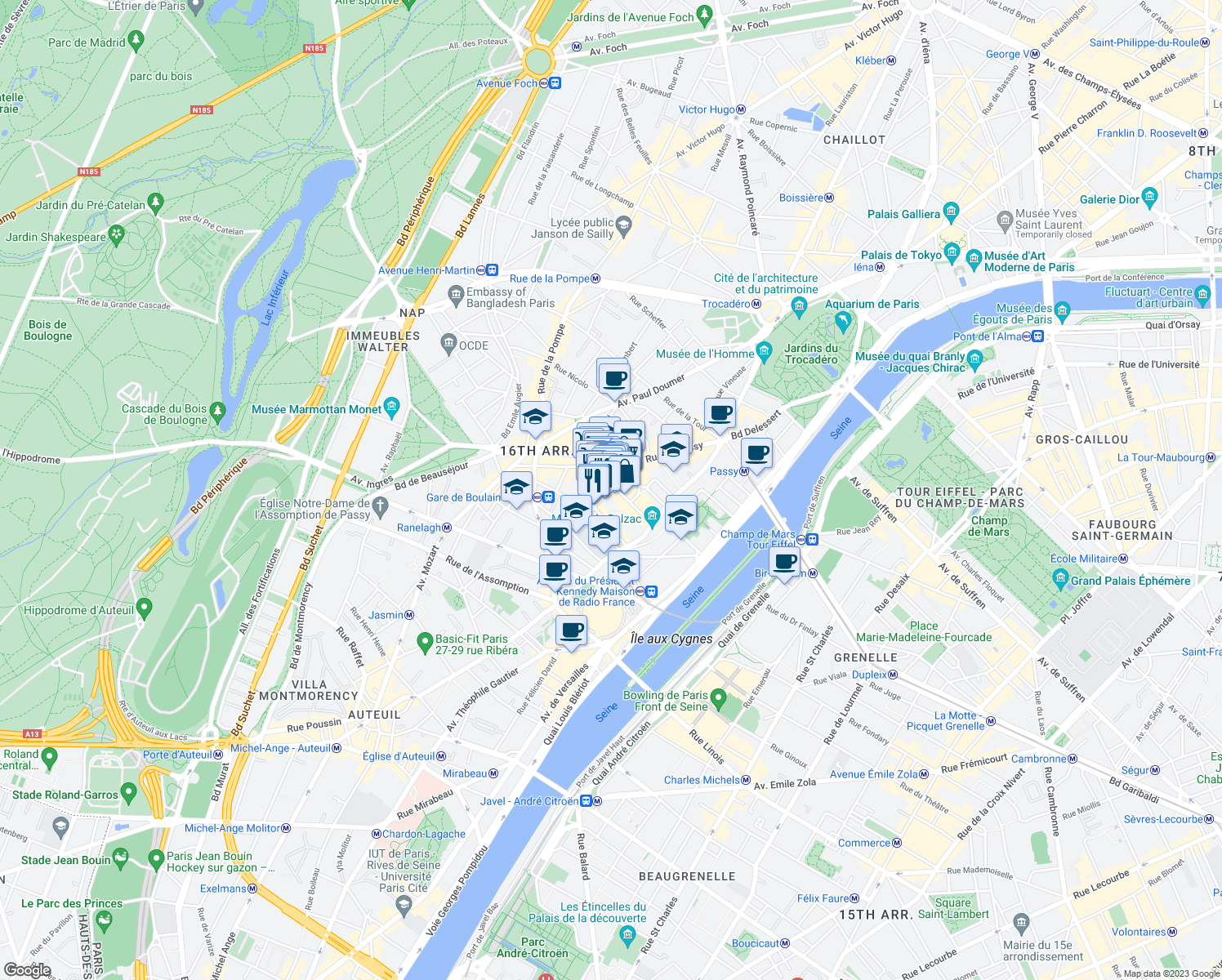 map of restaurants, bars, coffee shops, grocery stores, and more near 4 Rue Lekain in Paris