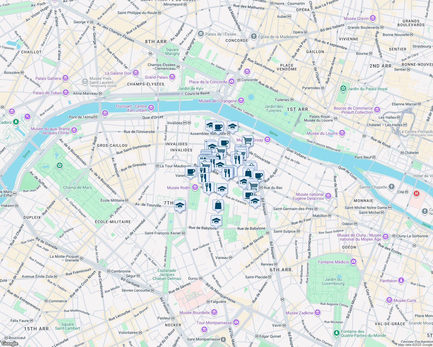 map of restaurants, bars, coffee shops, grocery stores, and more near 103 Rue de Grenelle in Paris
