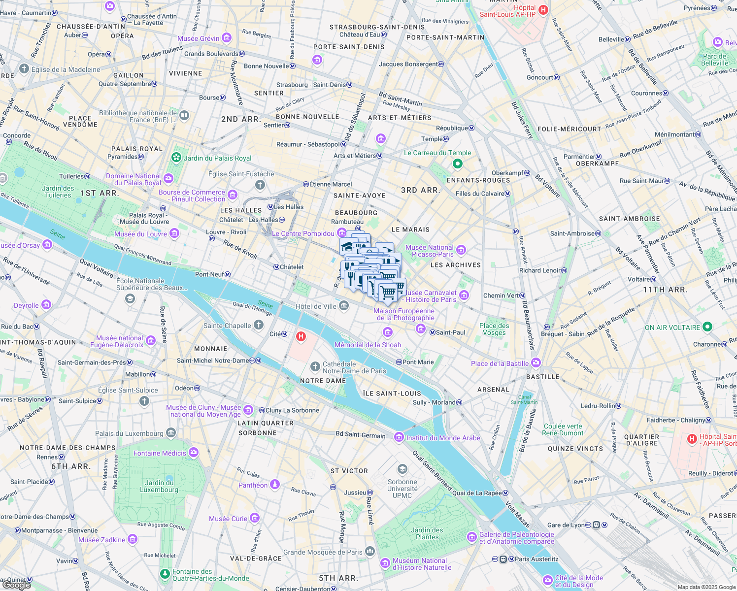 map of restaurants, bars, coffee shops, grocery stores, and more near 24 Rue de la Verrerie in Paris