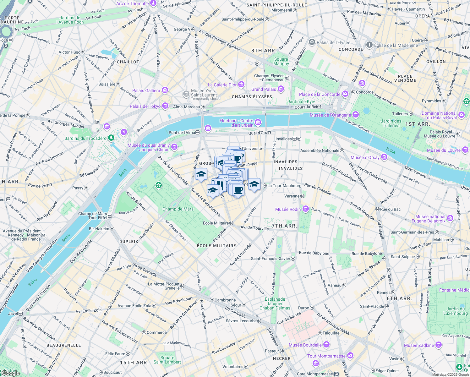 map of restaurants, bars, coffee shops, grocery stores, and more near 27 Rue Cler in Paris