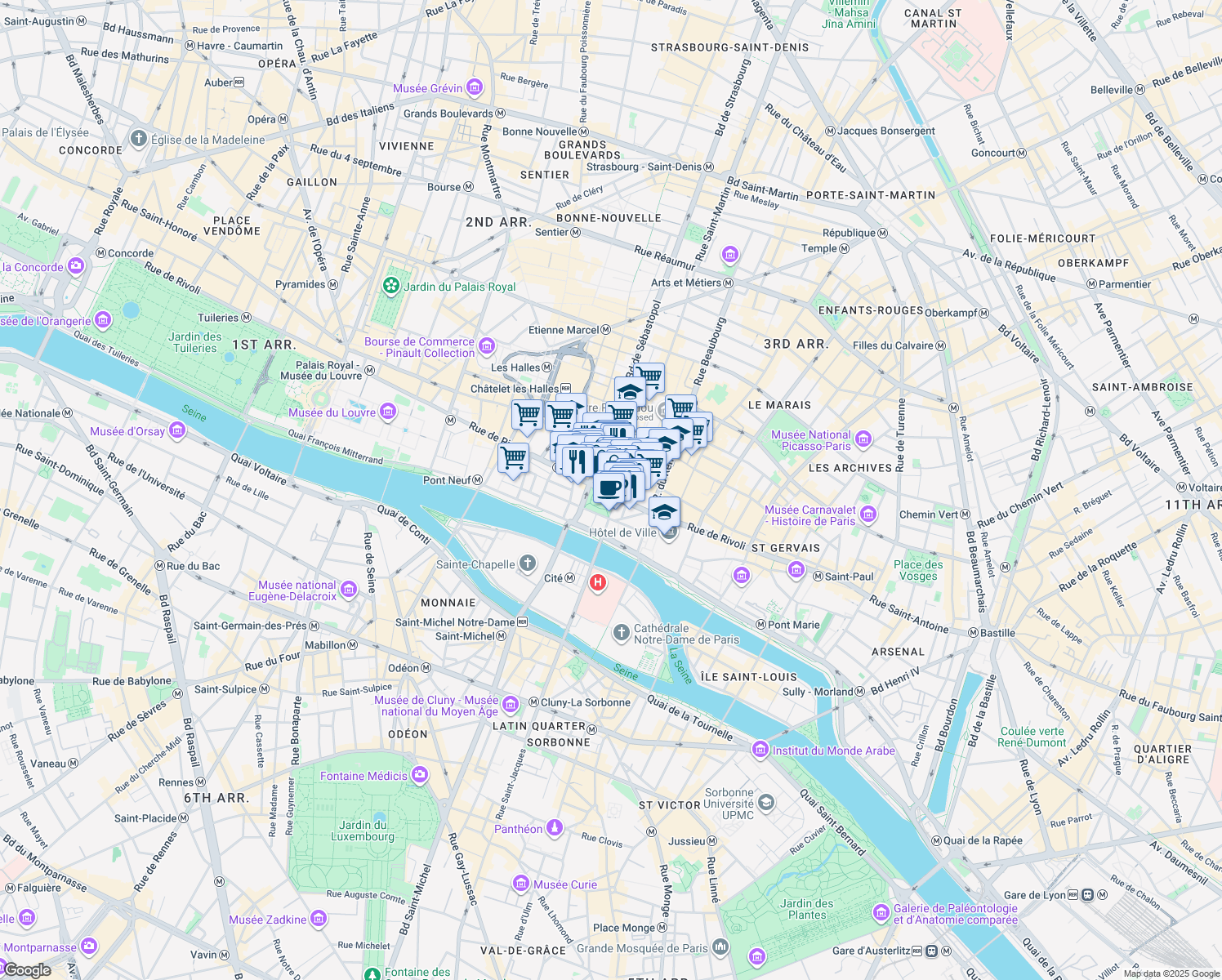 map of restaurants, bars, coffee shops, grocery stores, and more near 88 Rue de Rivoli in Paris