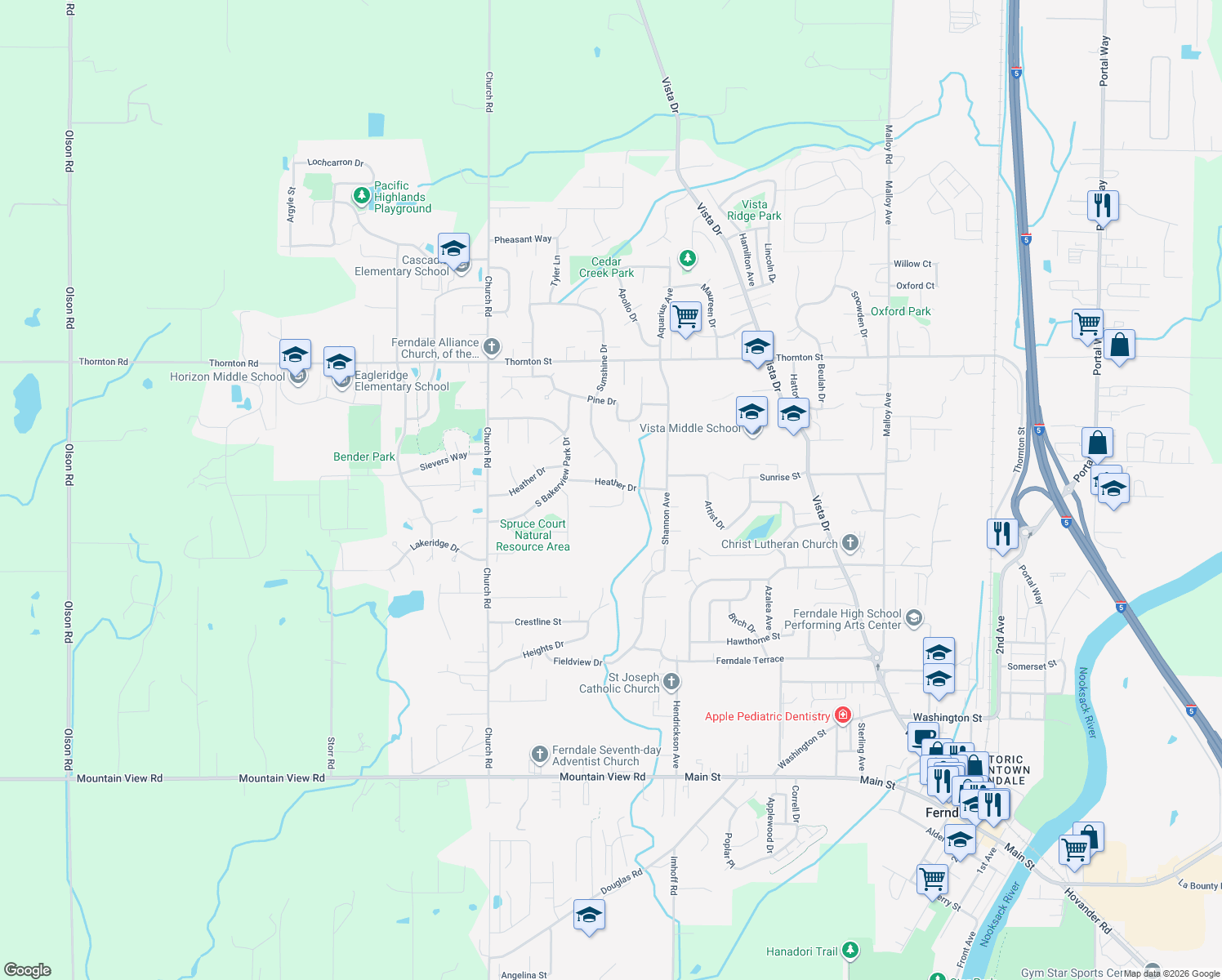 map of restaurants, bars, coffee shops, grocery stores, and more near 2365 Heather Dr in Ferndale