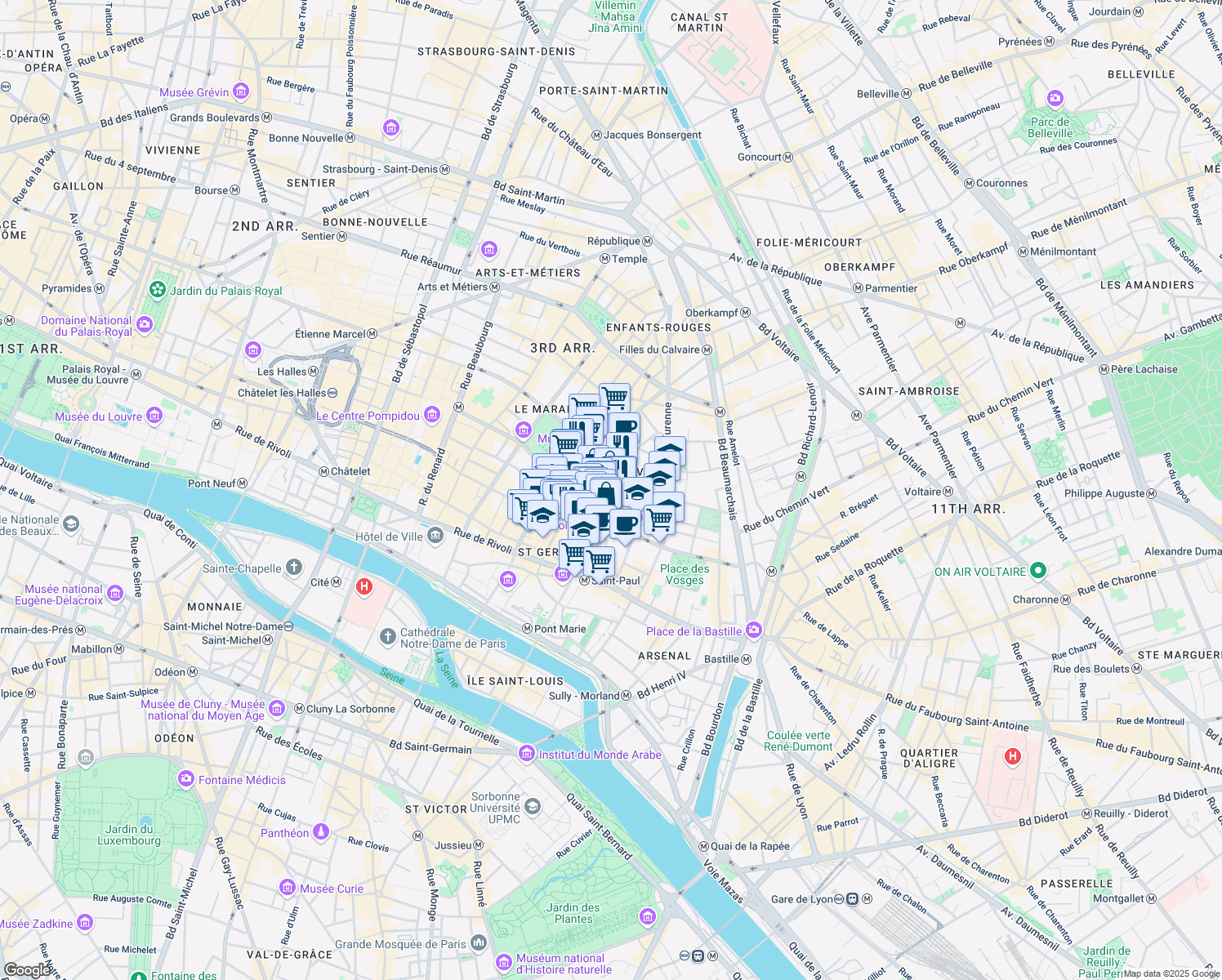 map of restaurants, bars, coffee shops, grocery stores, and more near 9 Rue Elzevir in Paris