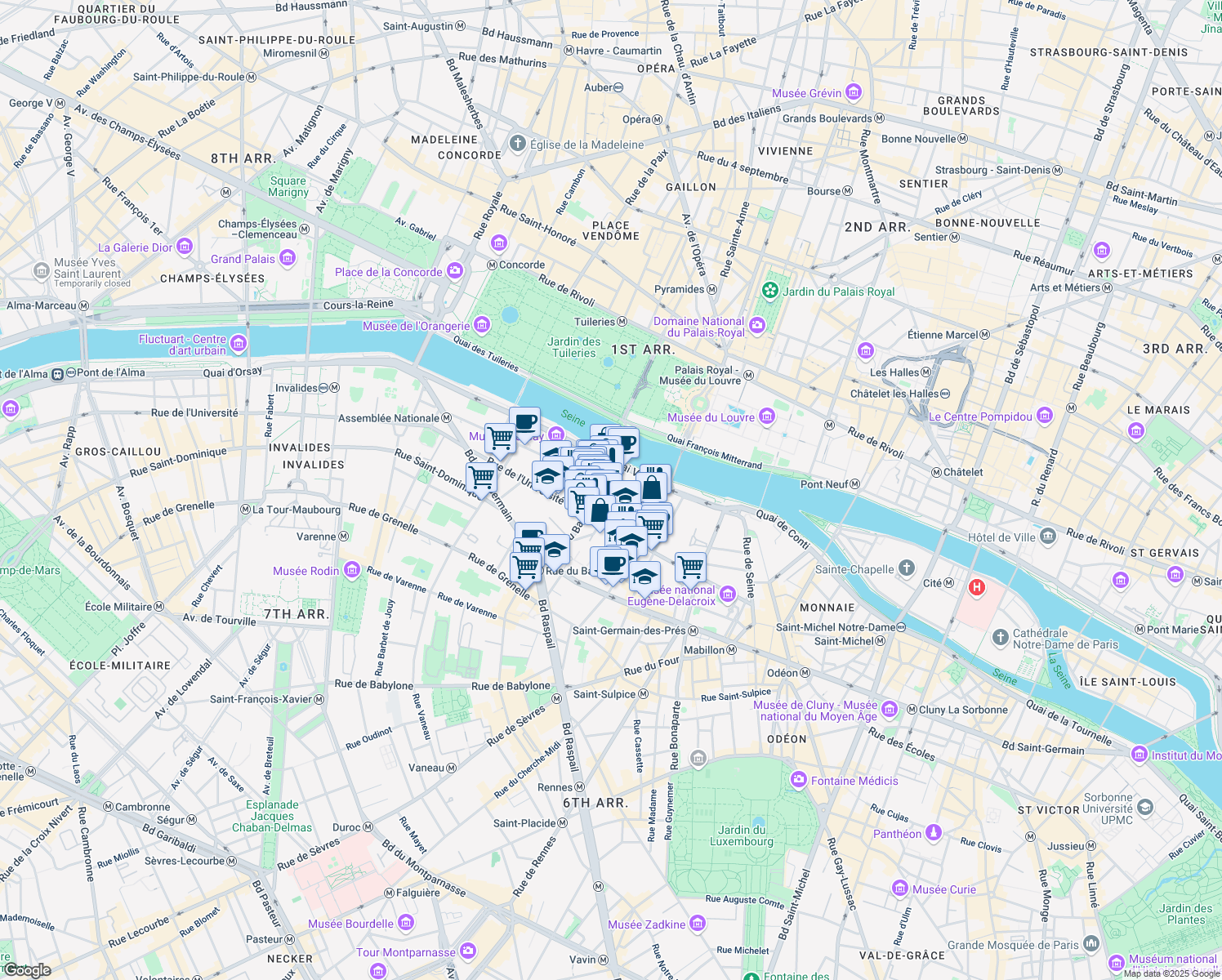 map of restaurants, bars, coffee shops, grocery stores, and more near 33 Rue de Lille in Paris